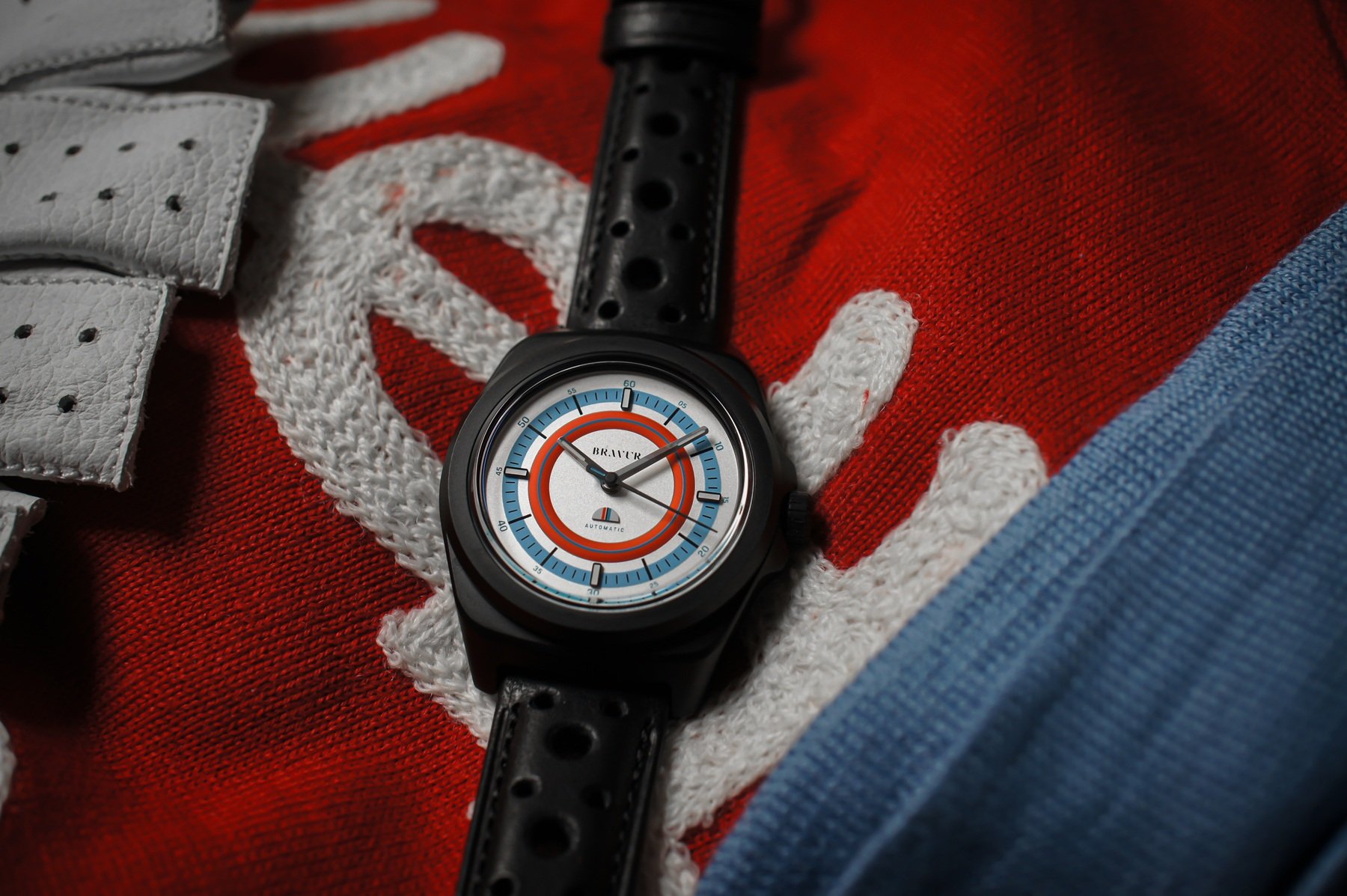 Black PVD Bravur Team Heritage STR on Leather Strap, Flat