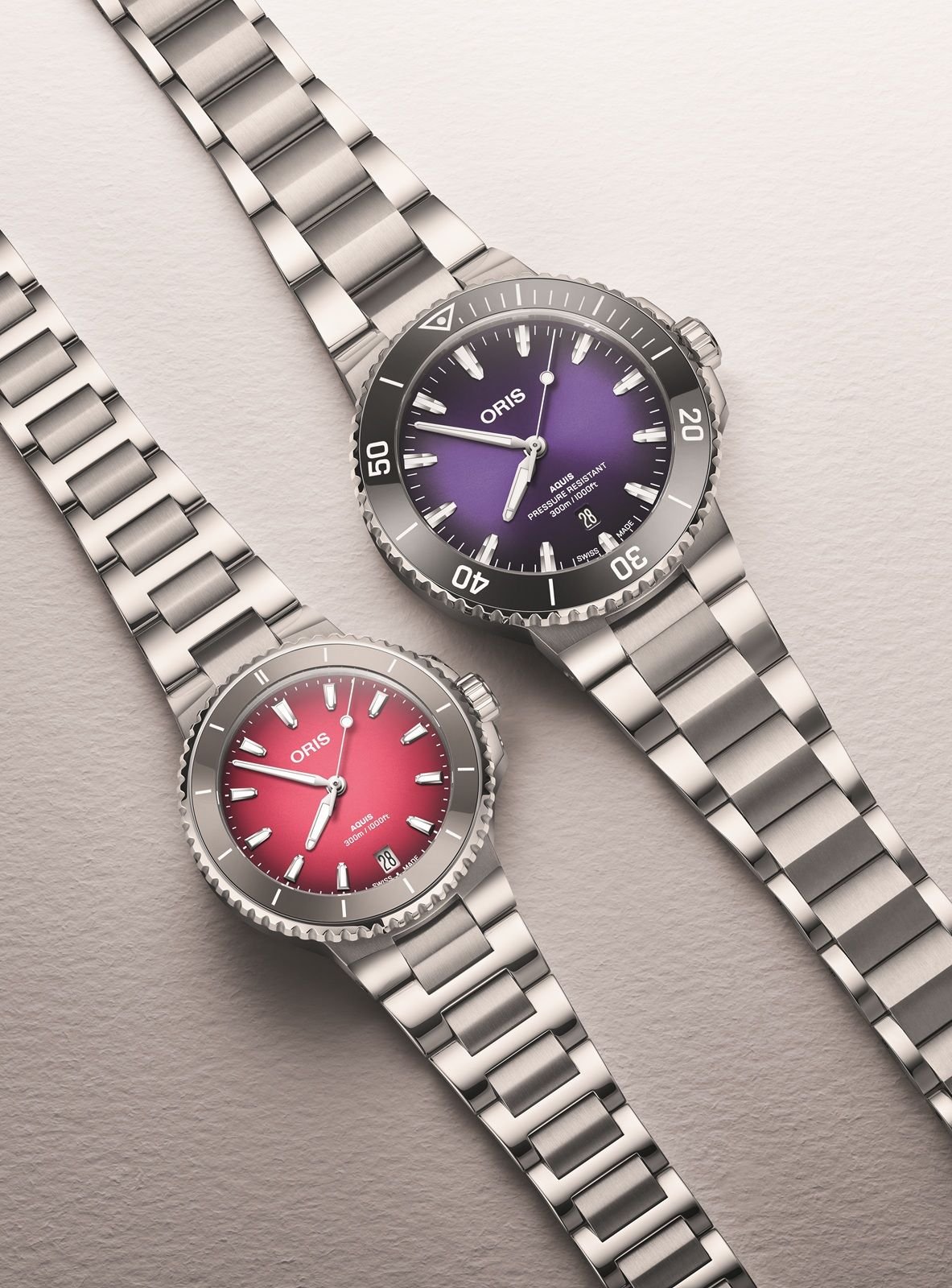 Oris Aquis Date Taste Of Summer Capsule Collection in pink and purple, flat