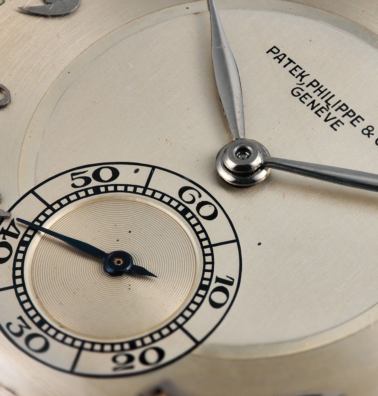 Luxury watches and extreme exclusivity — Close-up of the dial of the soon-to-be-auctioned 1940s Patek Philippe “Calatravone”