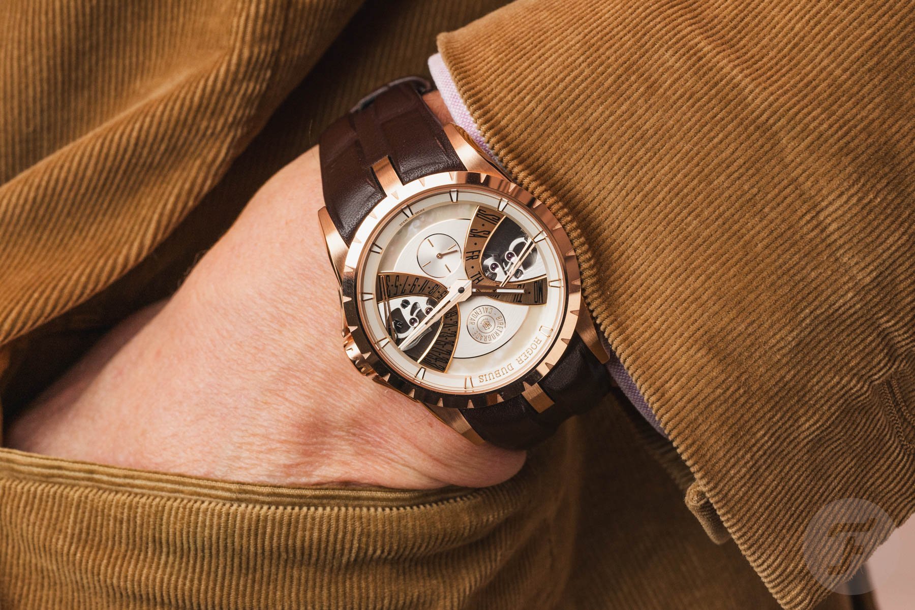 Pocket shot of the Roger Dubuis Excalibur Biretrograde Calendar