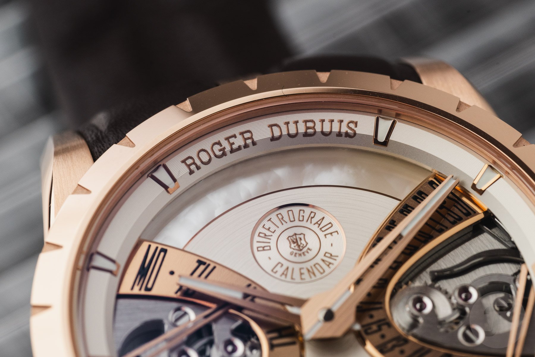 Dial detail of the Roger Dubuis Excalibur Biretrograde Calendar