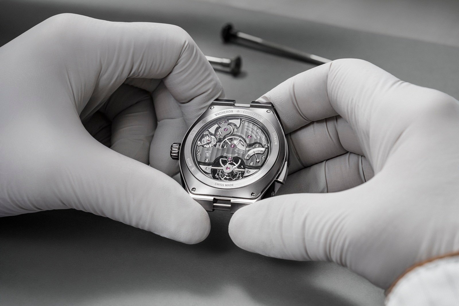 rear view of the Vacheron Constantin Overseas Grand Complication Openface in hands