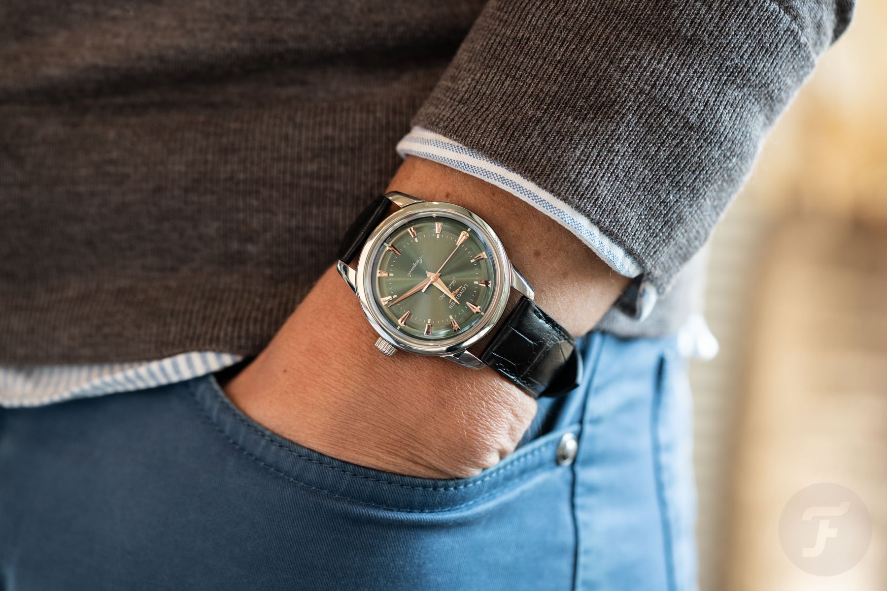 green-dial Longines Conquest Heritage pocket shot