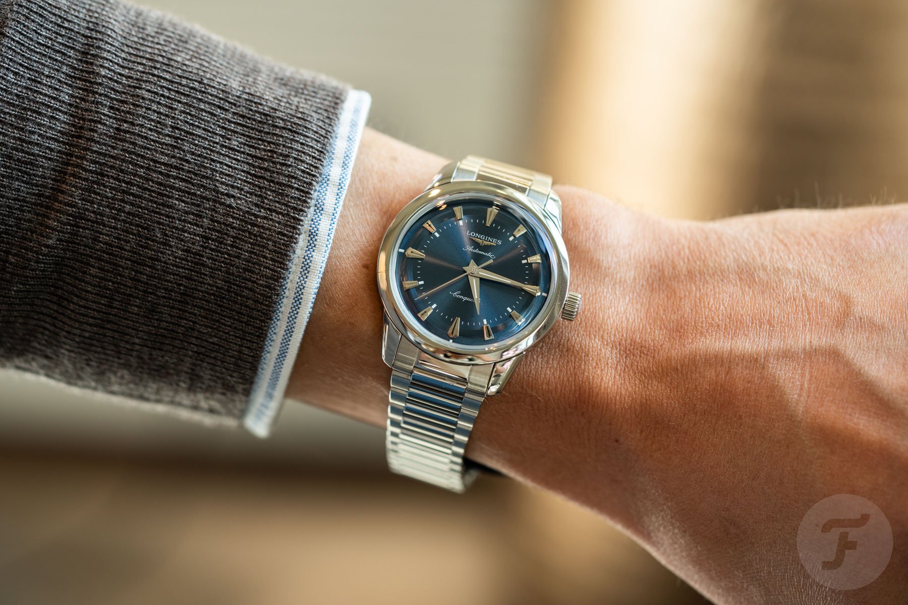 38mm blue-dial Longines Conquest Heritage on wrist