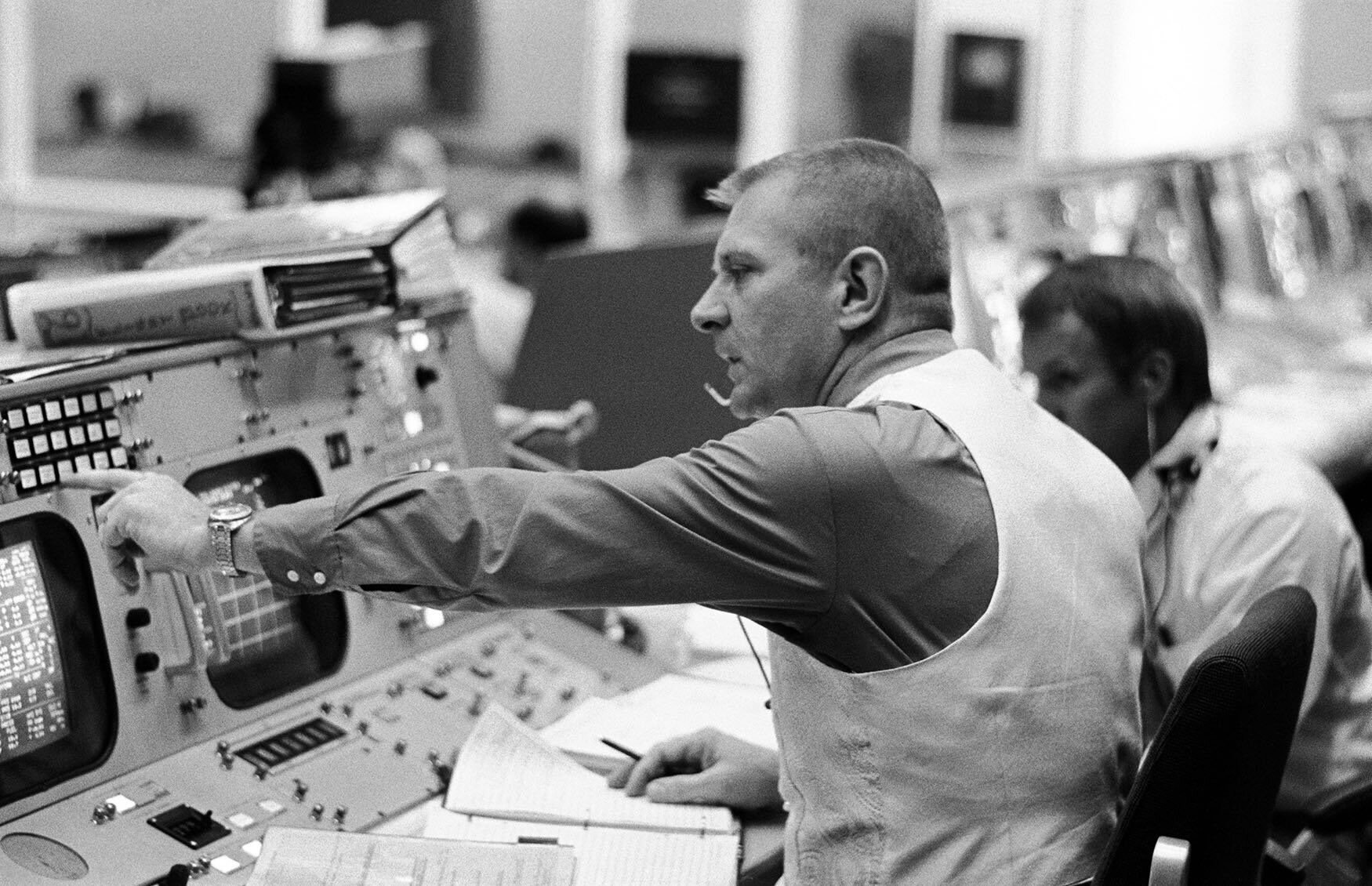 Chief Flight Director Gene Kranz is seated at his console in the mission operations control room in the Manned Spacecraft Center's Mission Control Center in Houston during the launch of the Apollo 11 lunar landing mission on July 16th, 1969