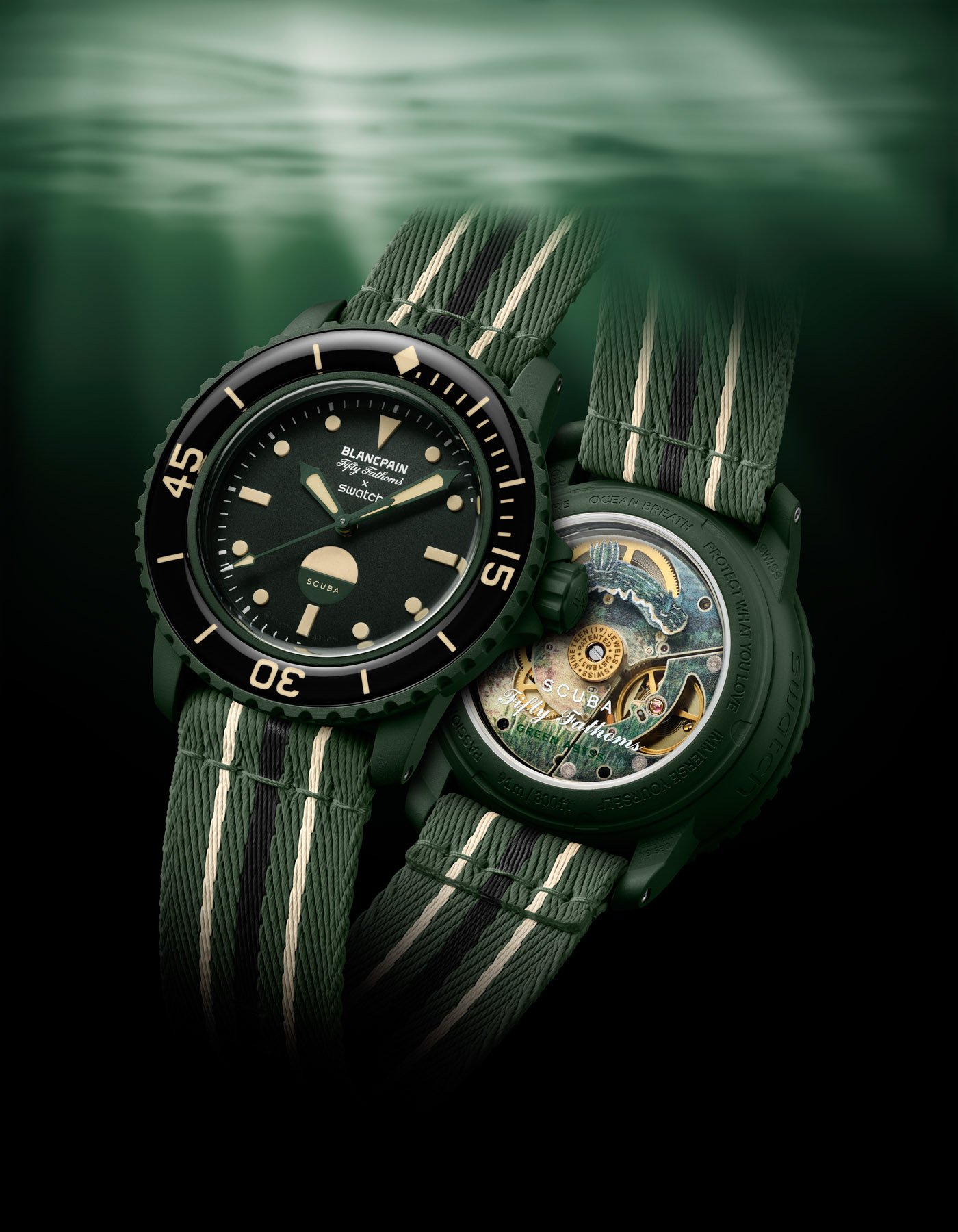 Blancpain x Swatch Scuba Fifty Fathoms Green Abyss Front and Back, Tilted