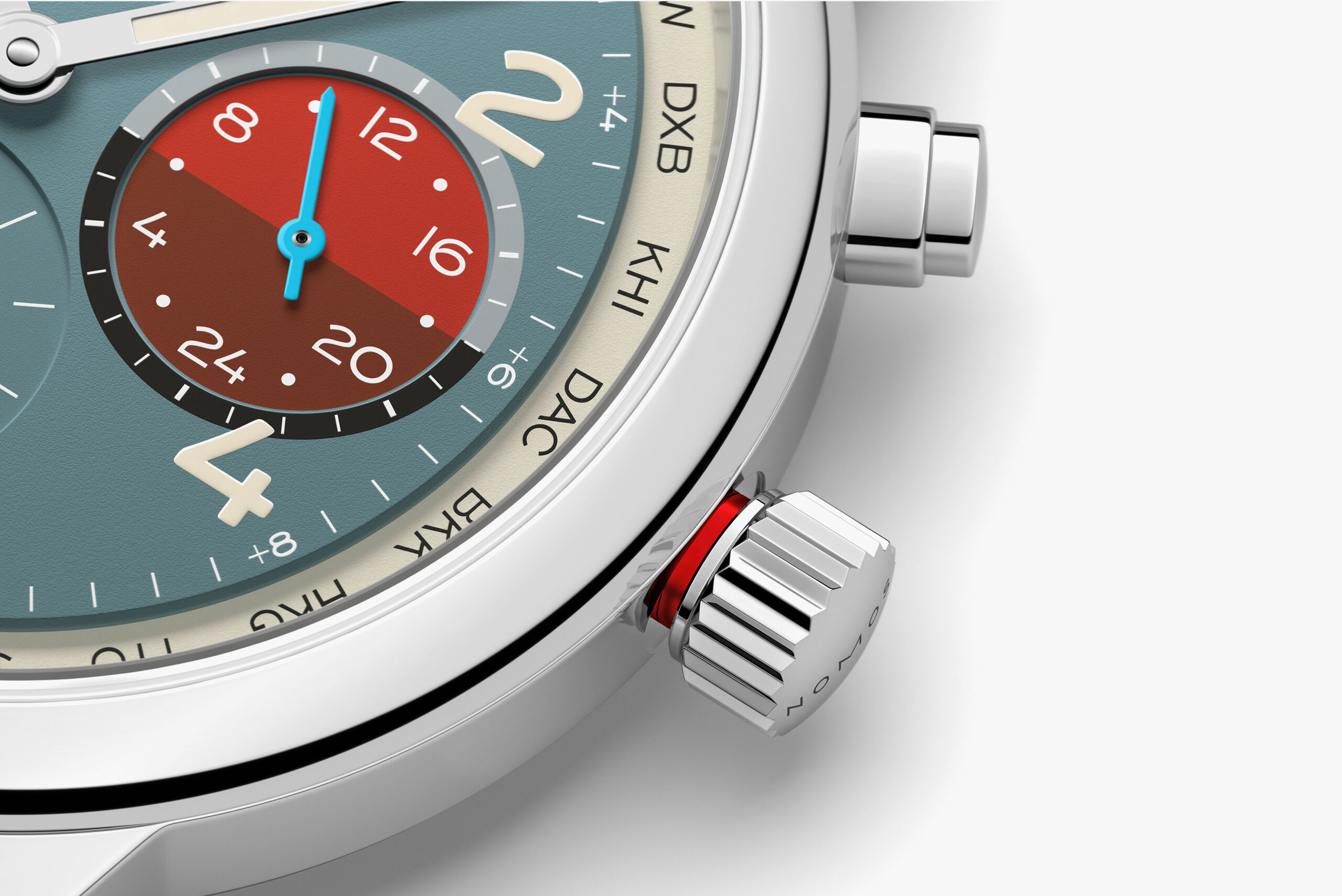 Nomos Club Sports Neomatik WorldTimer Glacier Crown, Pusher and Subdial Details