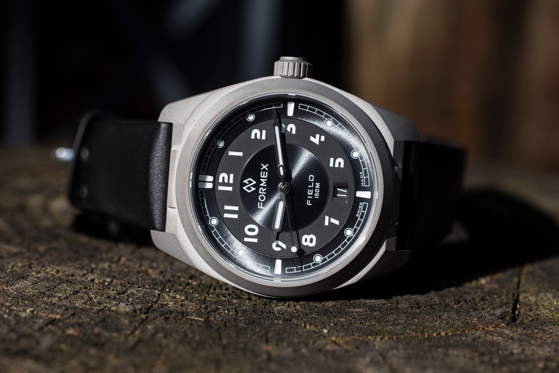 Formex Field Automatic on its side, crown up