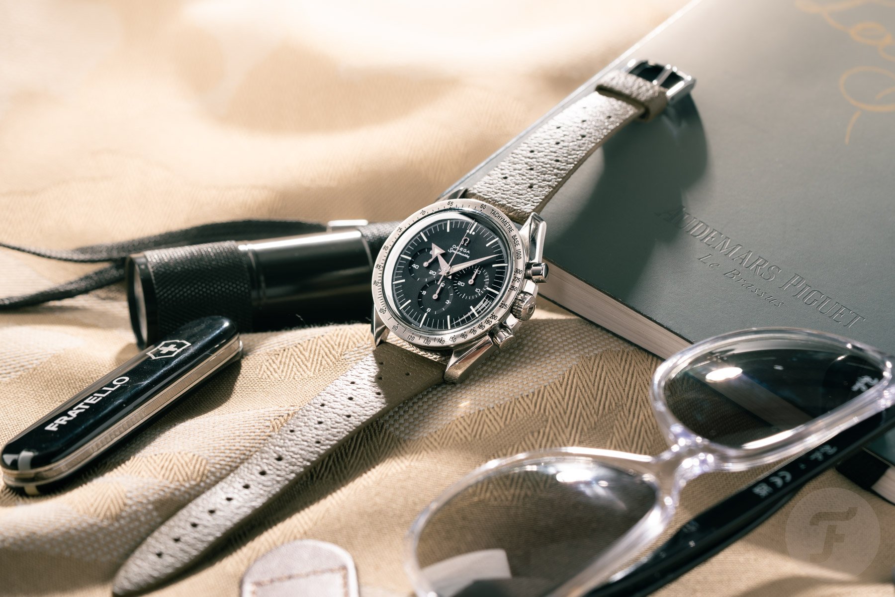 Rex's Daily Carry Essentials - Omega Speedmaster Replica 3594.50, Ray-Ban RB4378 Sunglasses, Belgeon Pocket Knife, Room Flashlight, Personalized Audemars Piguet Notebook