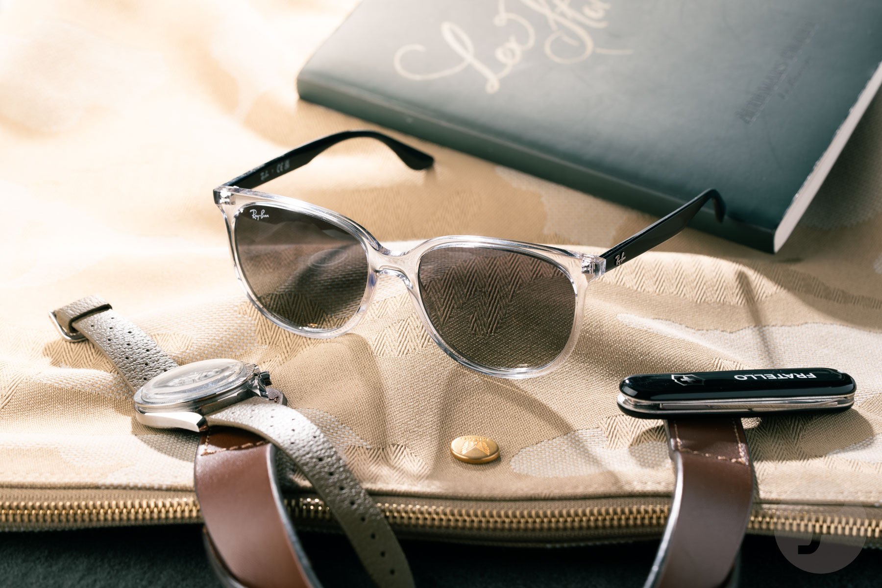 Lex's Everyday Carry Essentials - Ray-Ban RB4378 Sunglasses on Mismo M/S Canvas Shopper Bag Omega Speedmaster, Personalized Notebook, Belgeon Pocket Knife