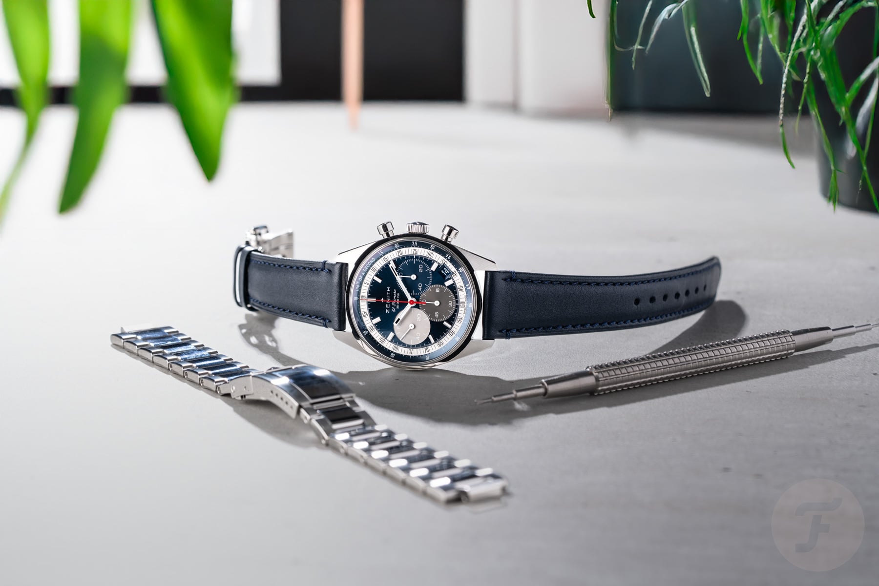 blue-dial Zenith Chronomaster Original on leather strap with crown up