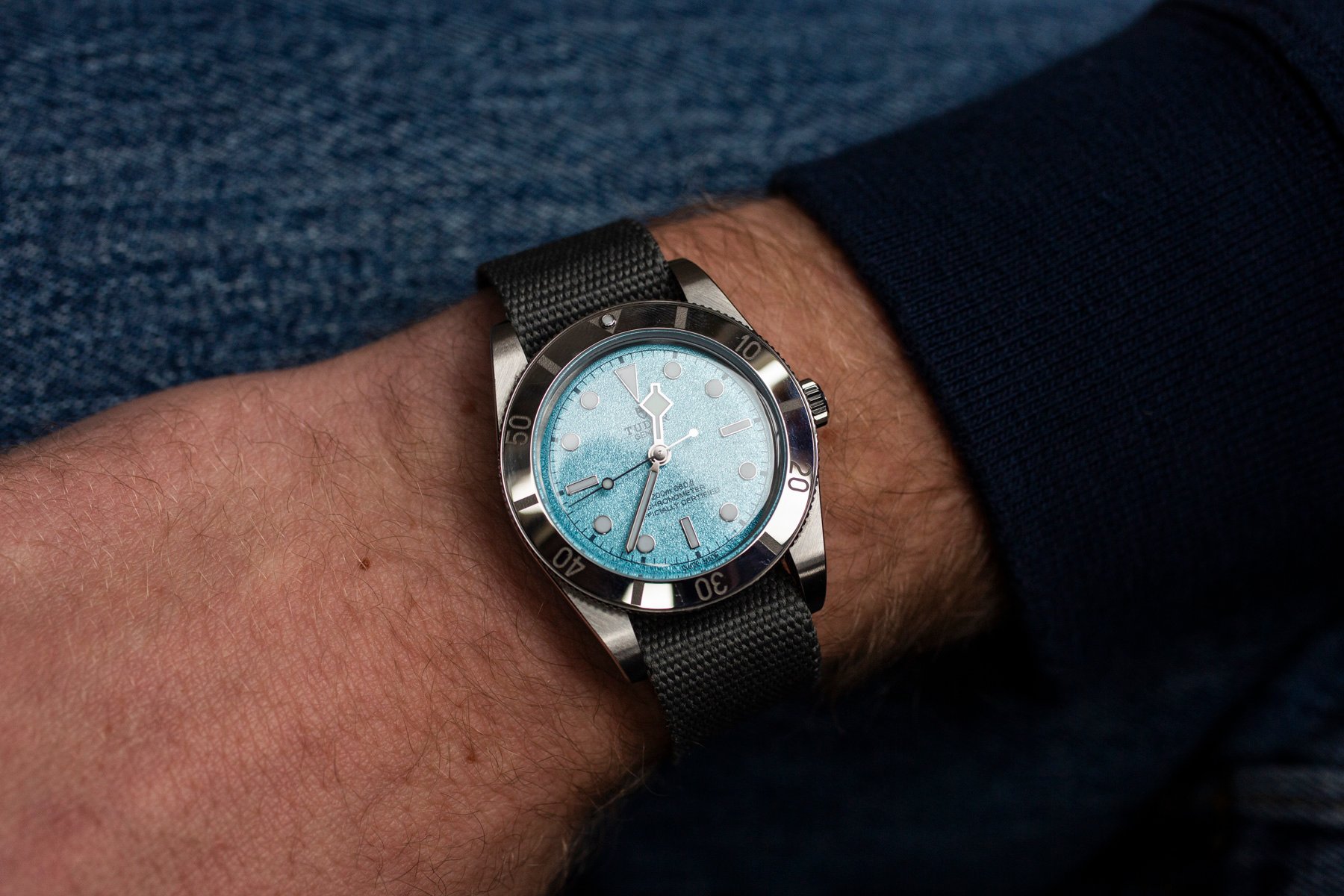 Tudor Black Bay 54 "Lagoon Blue" List shot with dial reflection