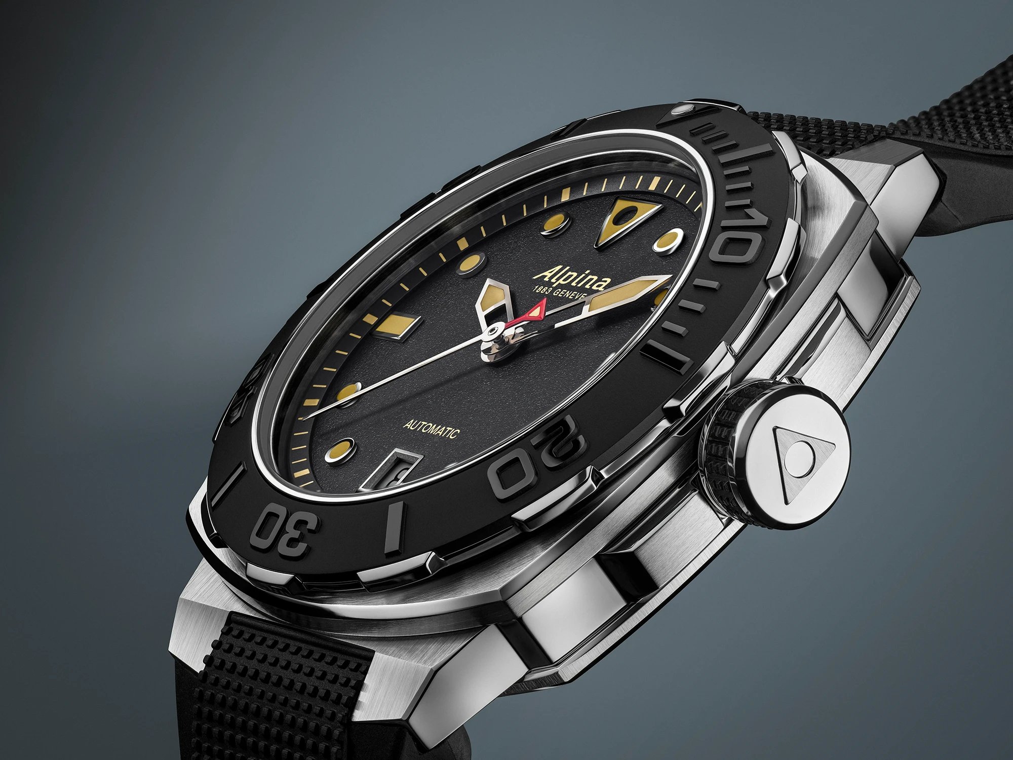 Alpina Seastrong Diver Extreme with black dial, tilted profile view
