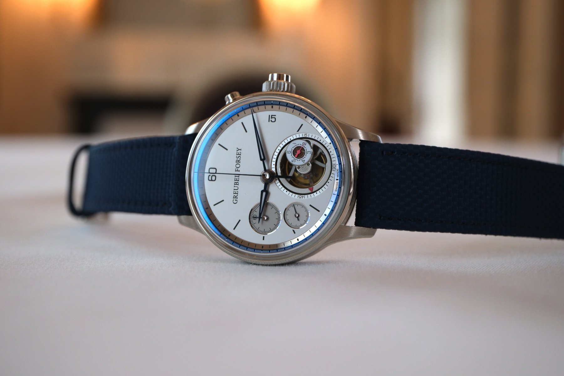 Greubel Forsey Nano Foudroyante on side, crown up