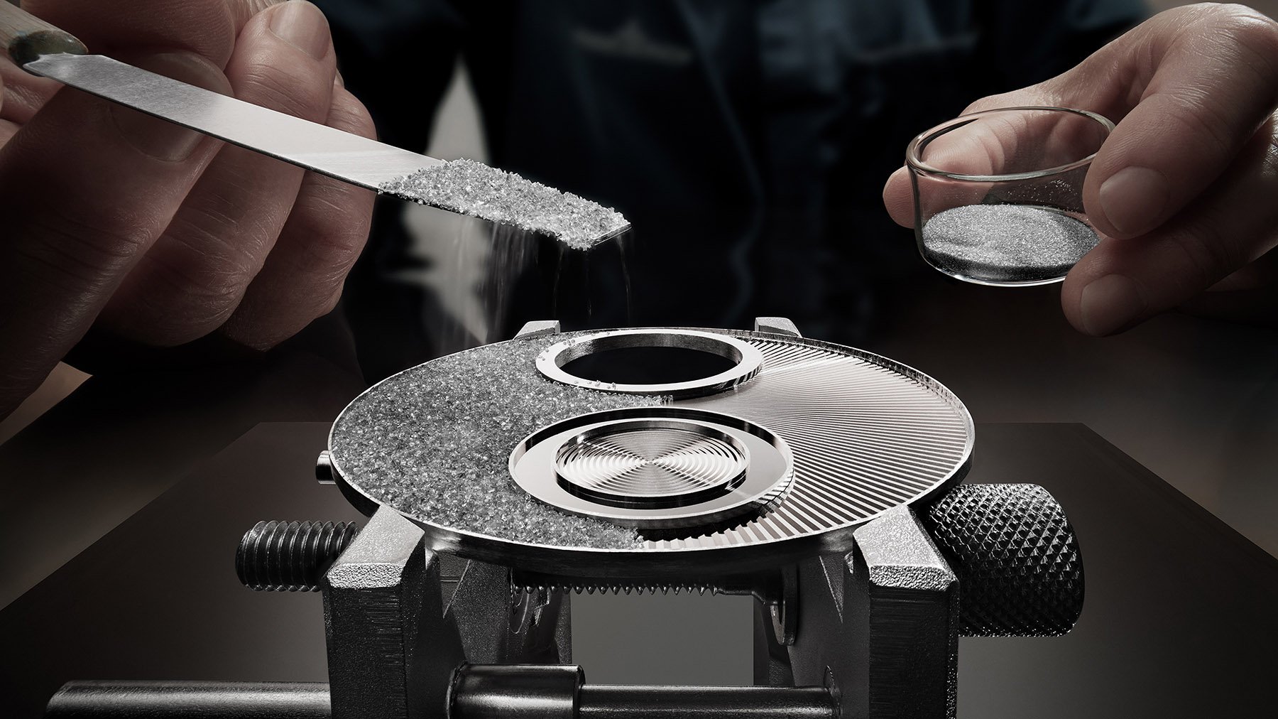 adding enamel powder to Jaeger-LeCoultre Master Ultra Thin Tourbillon Enamel dial