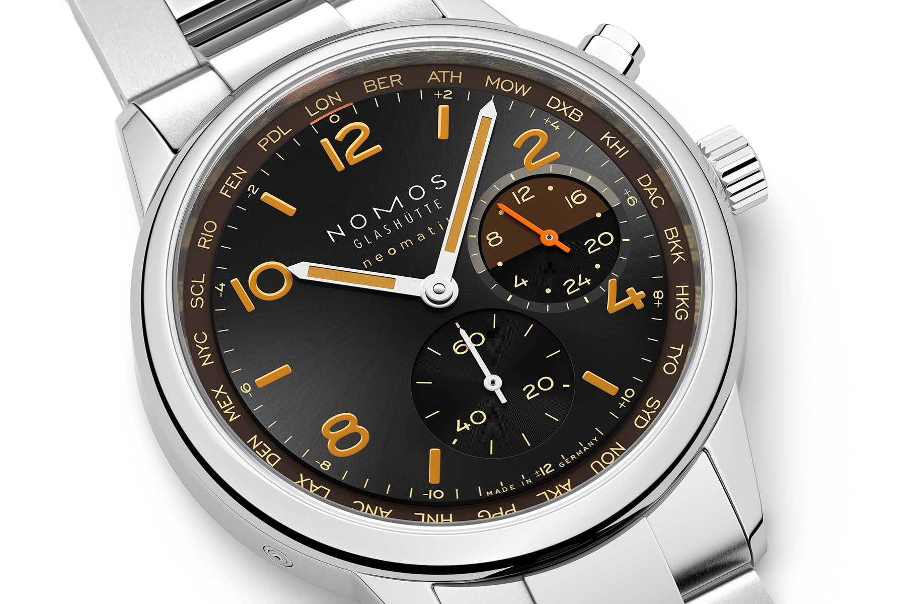 Nomos Club Sport Neomatik Worldtimer Night Navigation Grid up close
