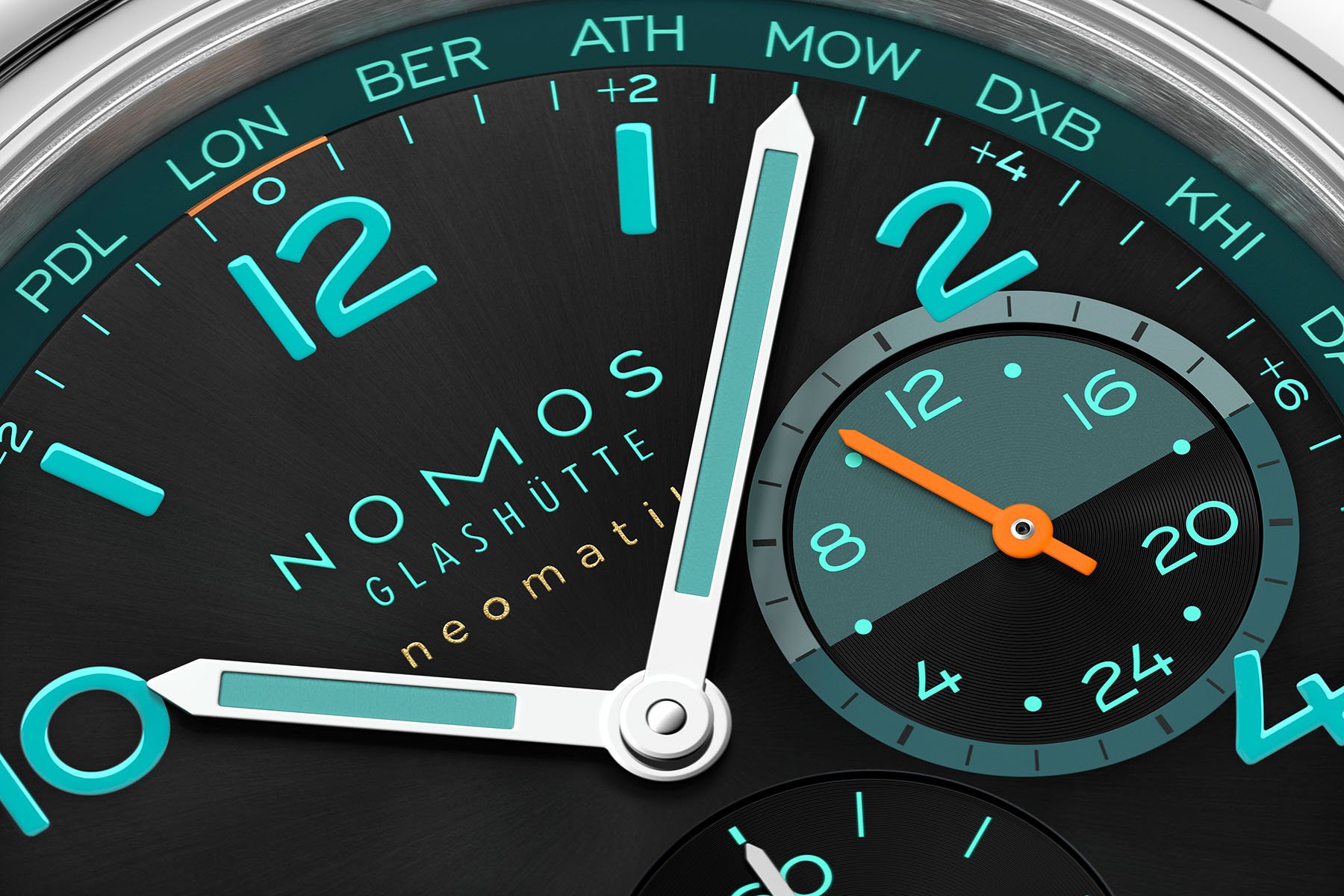 Nomos Club Sport Neomatik Worldtimer Night Navigation Trace dial and hands up close