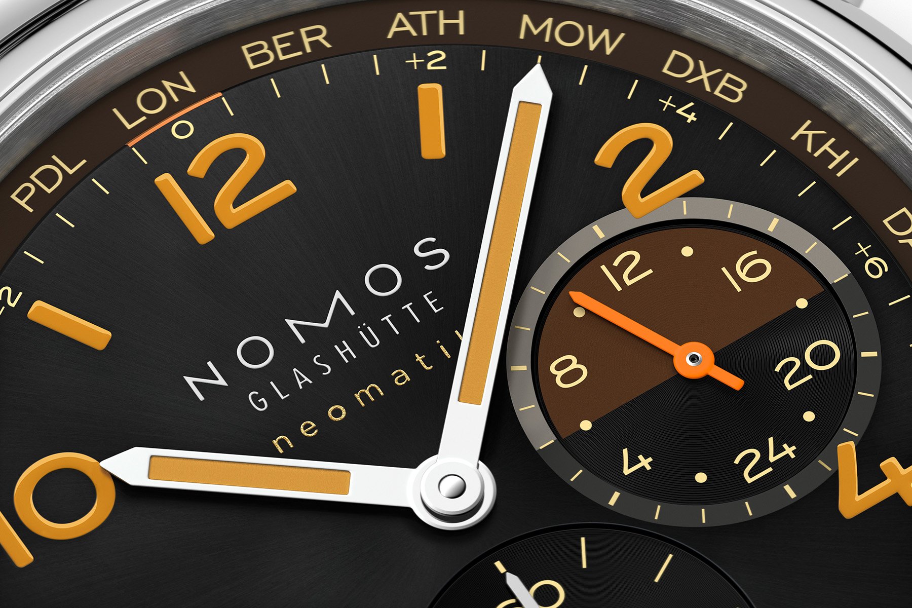 Nomos Club Sport Neomatik Worldtimer Night Navigation dial and hands up close