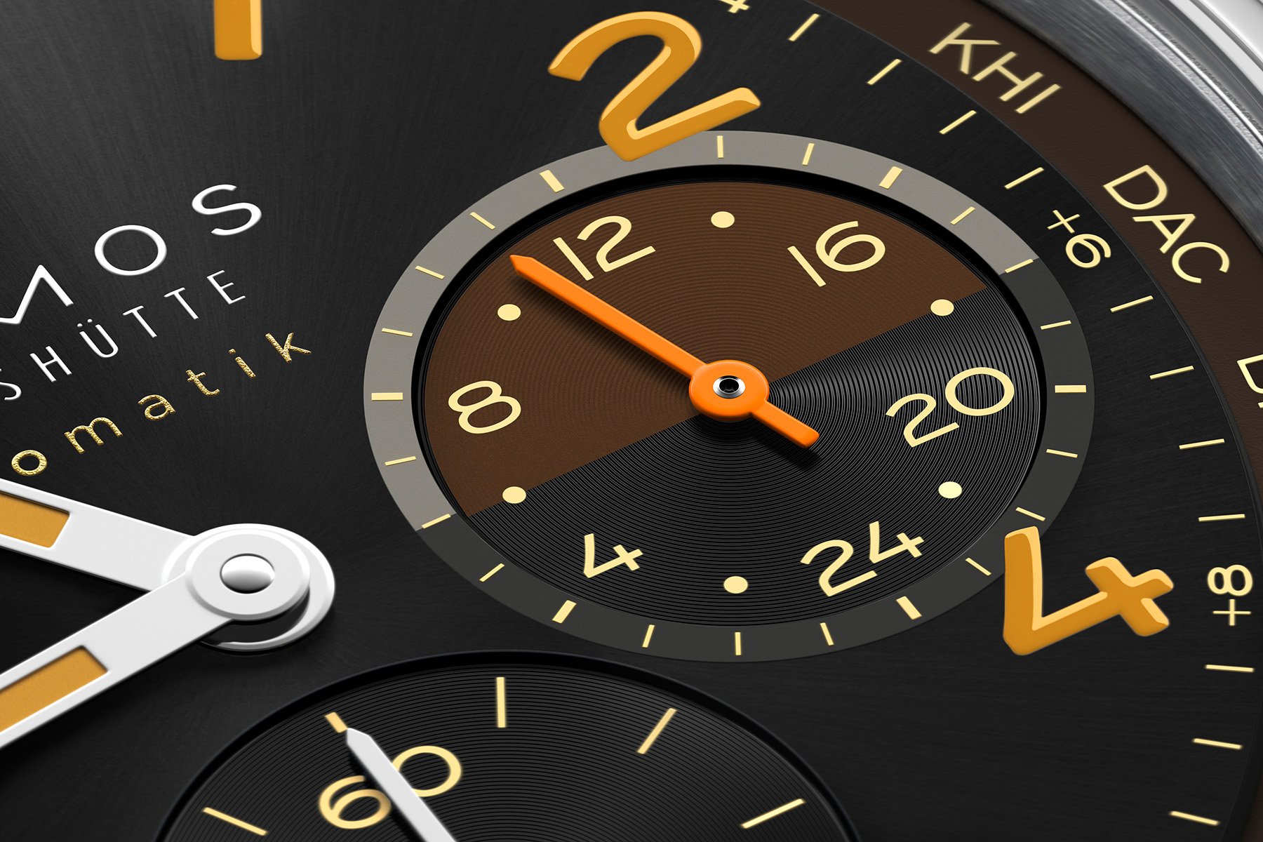 Nomos Club Sport Neomatik Worldtimer Night Navigation Grid 24-hour sub-dial up close