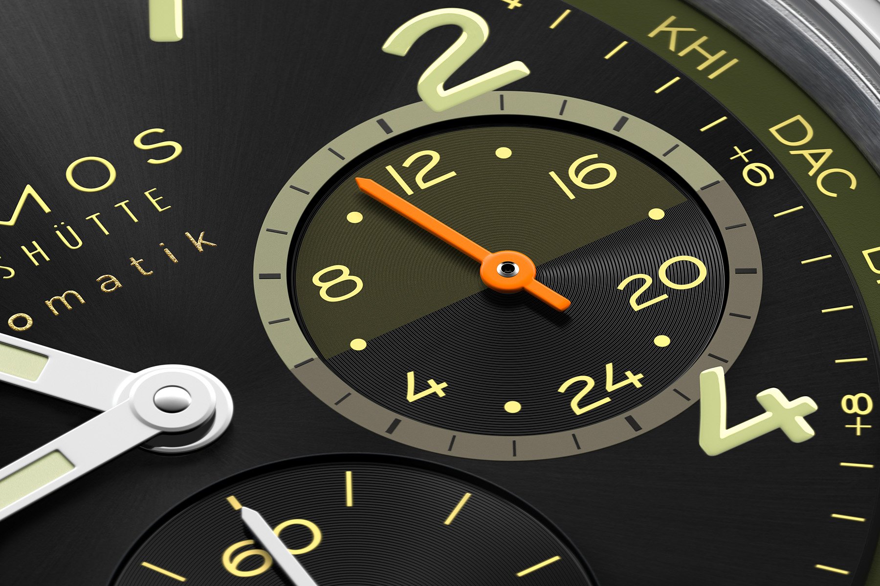 Nomos Club Sport Neomatik Worldtimer Vector sub-dial up close