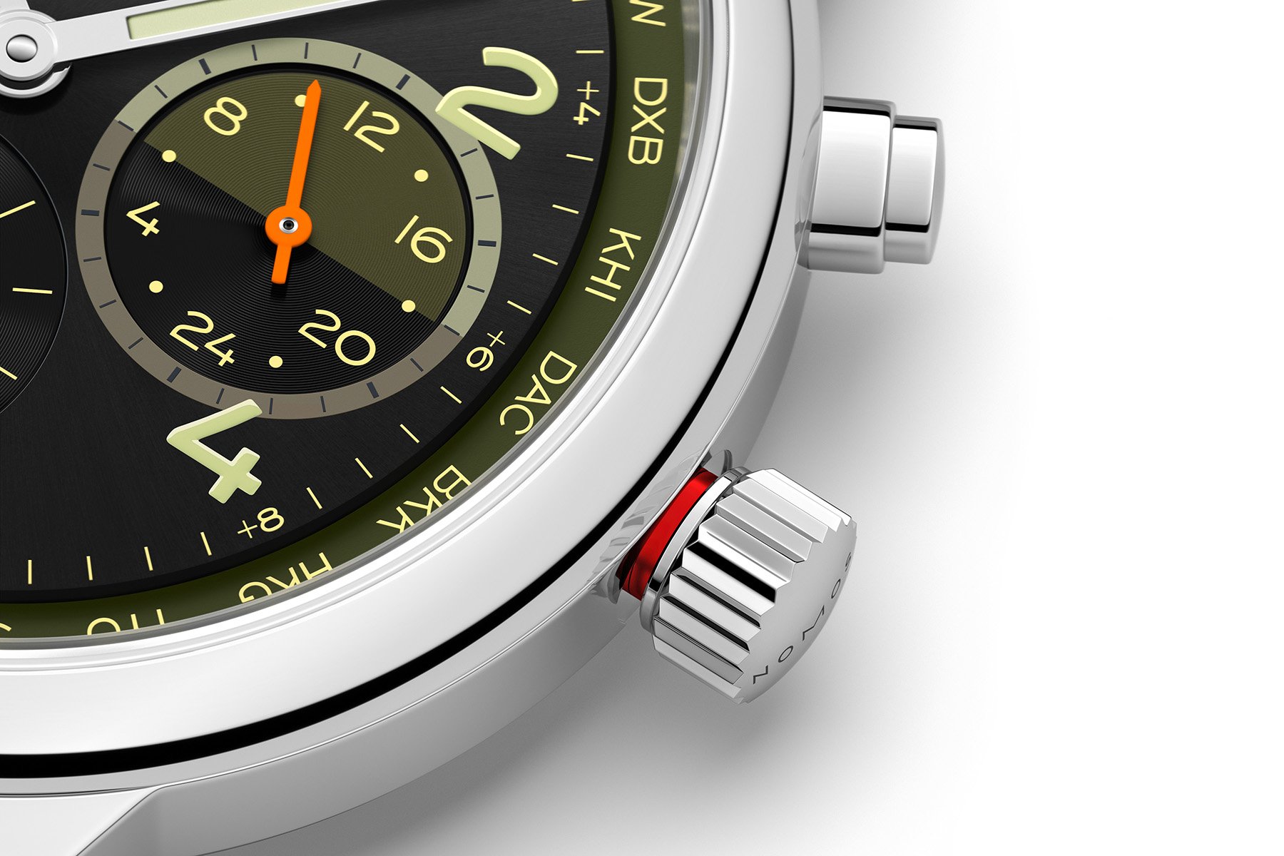 Nomos Club Sport Neomatik Worldtimer Night Navigation Vector crown up close