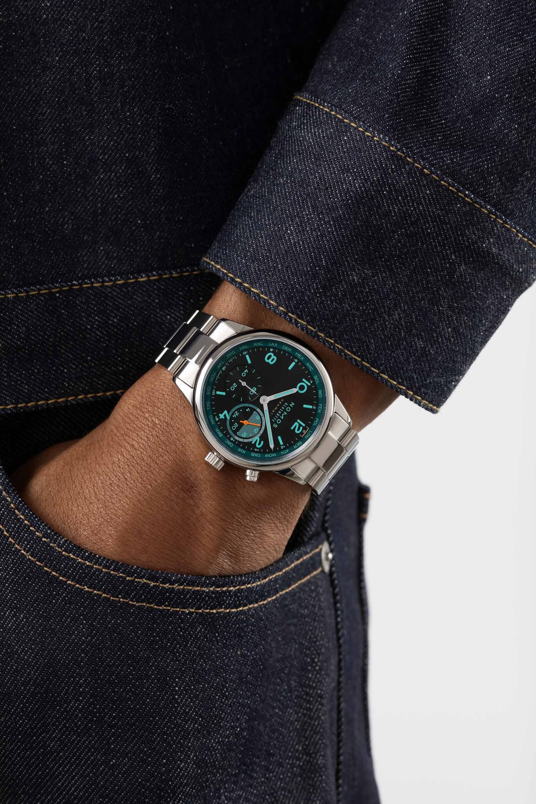 Nomos Club Sport Neomatik Worldtimer Night Navigation Trace pocket shot