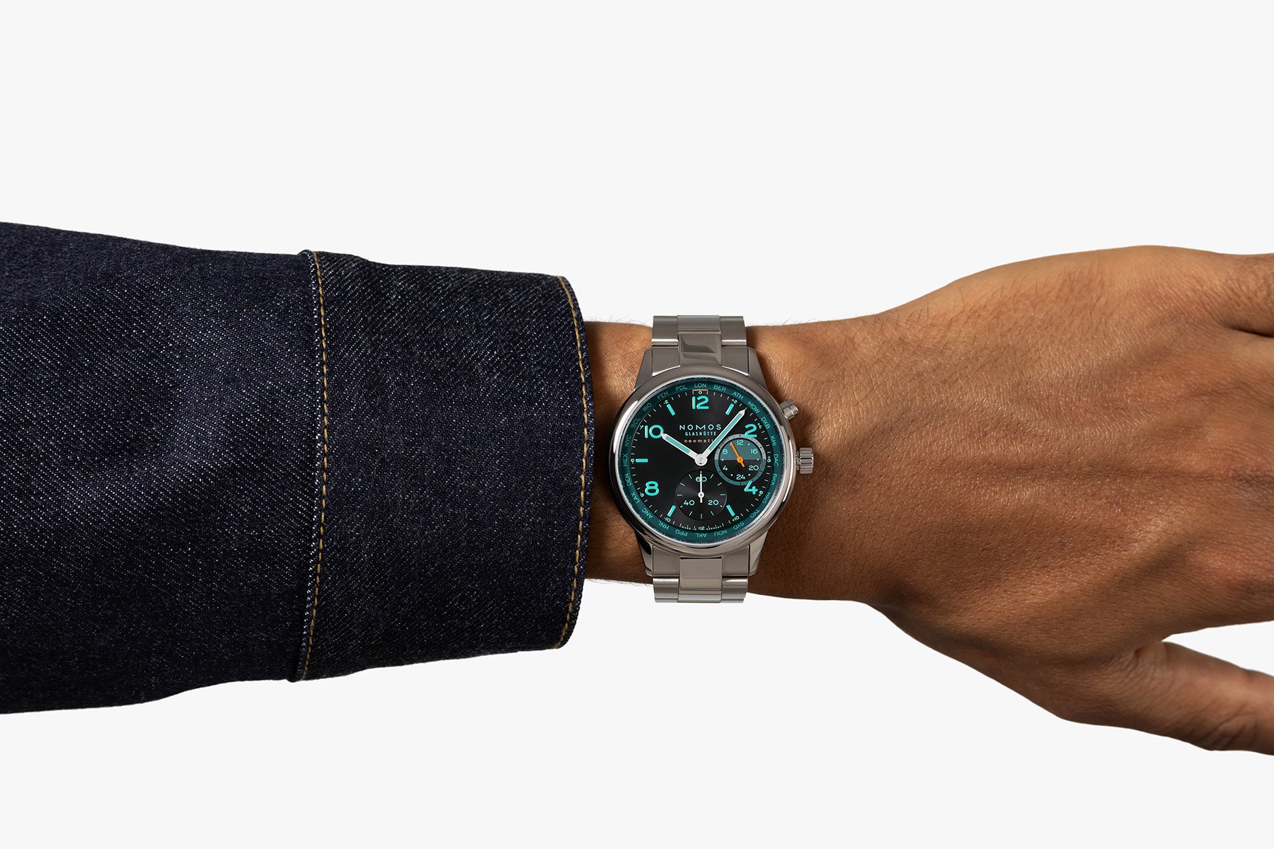 Nomos Club Sport Neomatik Worldtimer Night Navigation Trace wrist shot