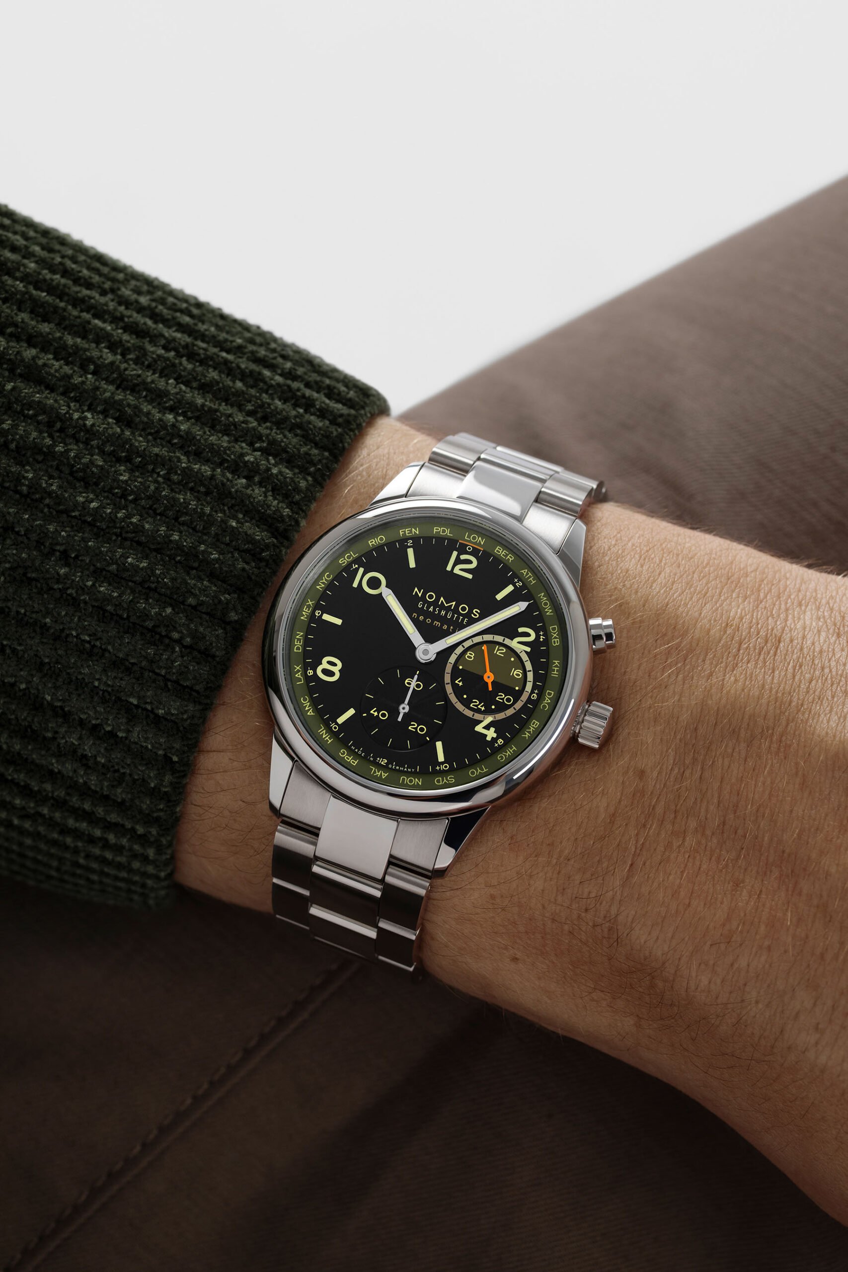 Nomos Club Sport Neomatik Worldtimer Night Navigation Vector wrist shot