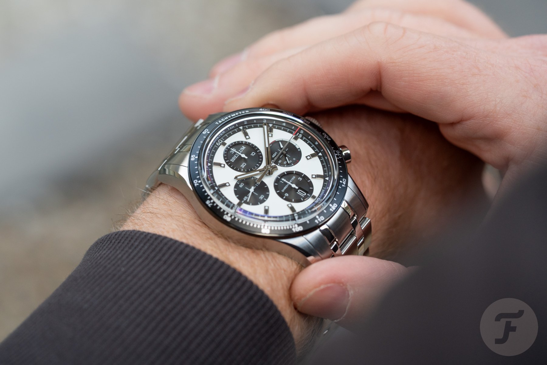 using chronograph function of Brellum Pandial Power Reserve LE Chronometer on wrist