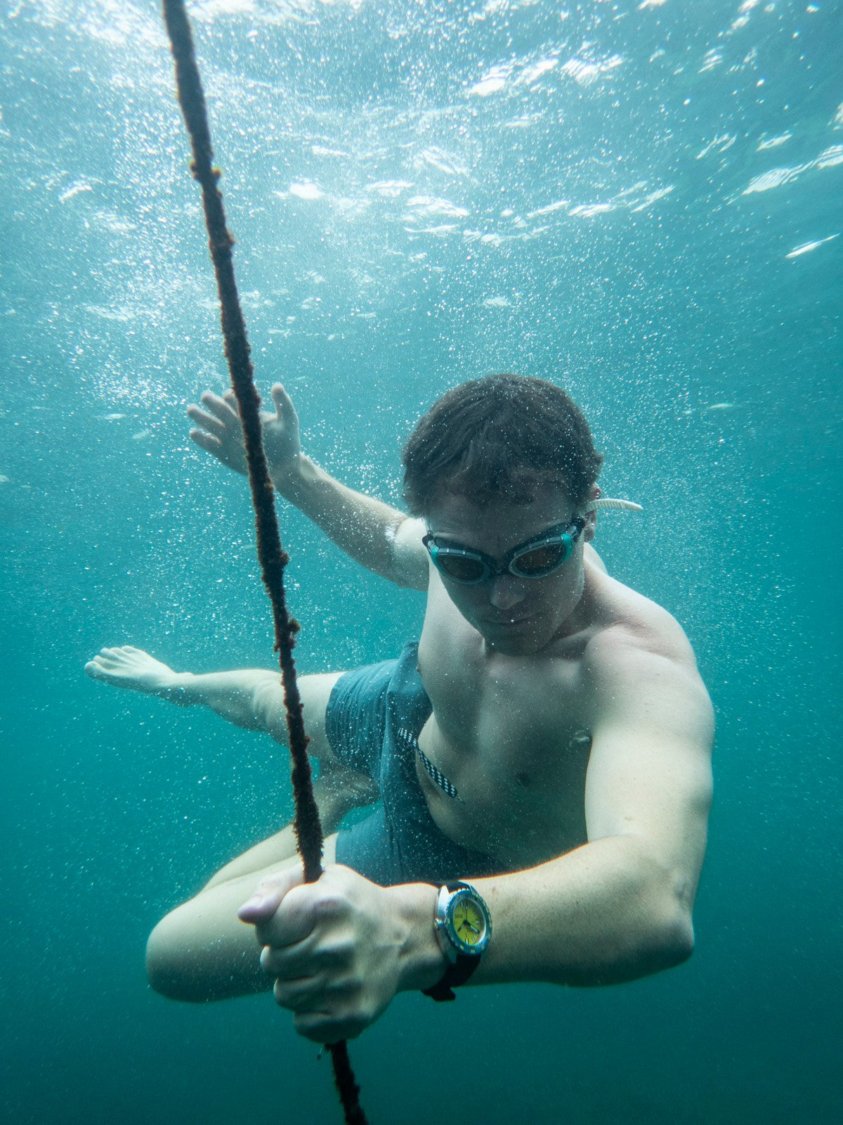 Doxa Sub 300T Divingstar on Henry's wrist underwater while free diving
