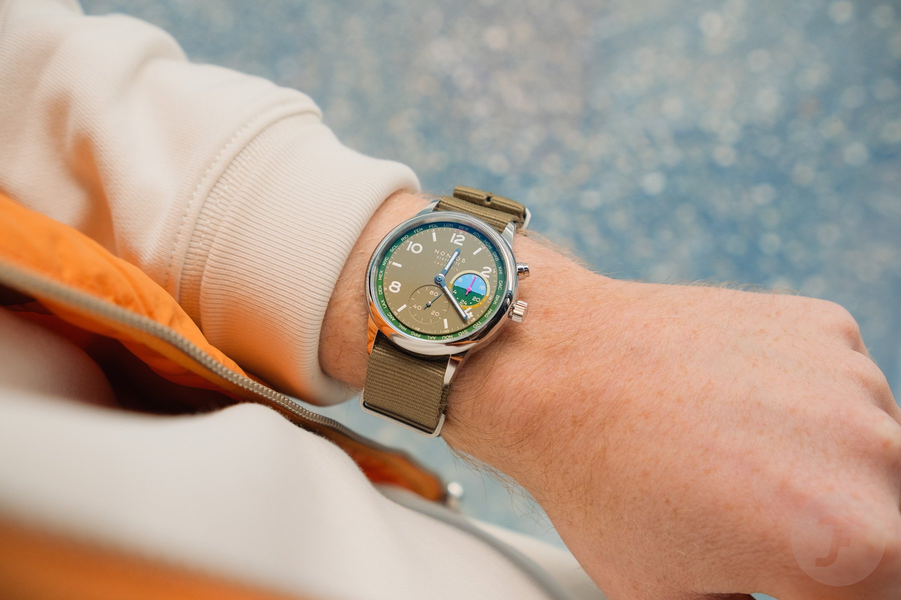 Nomos Club Sport Neomatik Worldtimer Jungle wrist shot