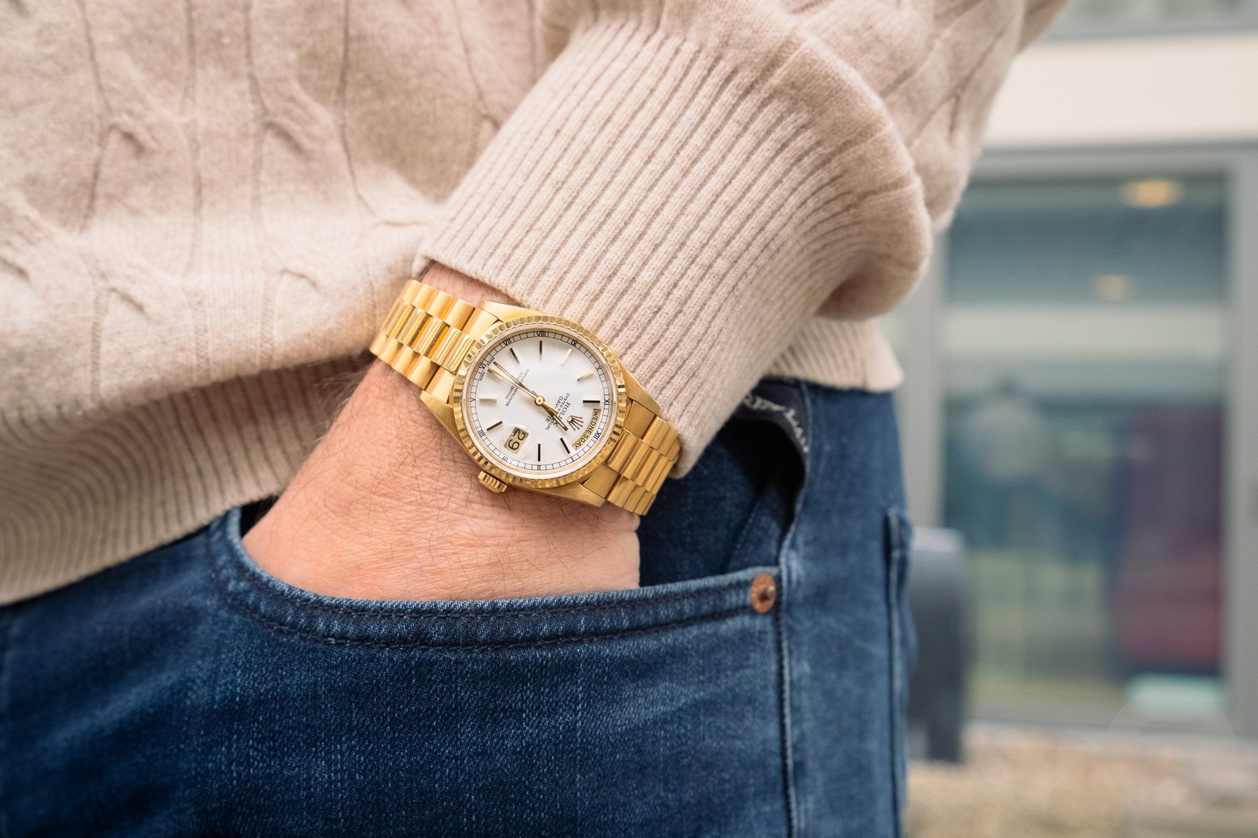 Rolex Day-Date 18238 with white dial, pocket shot