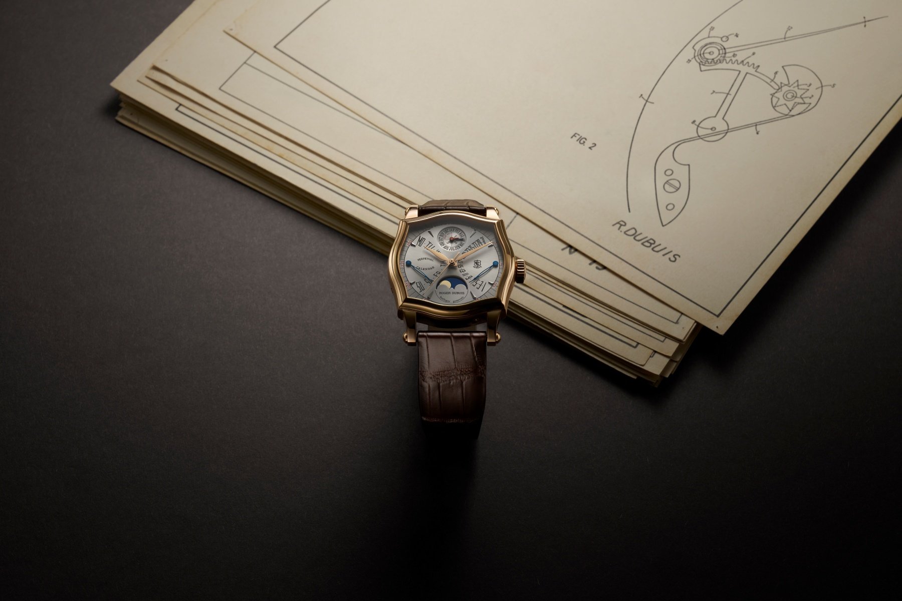 The watch Roger Dubuis wore, a pink gold Sympathie Bi-Retrograde Perpetual Calendar