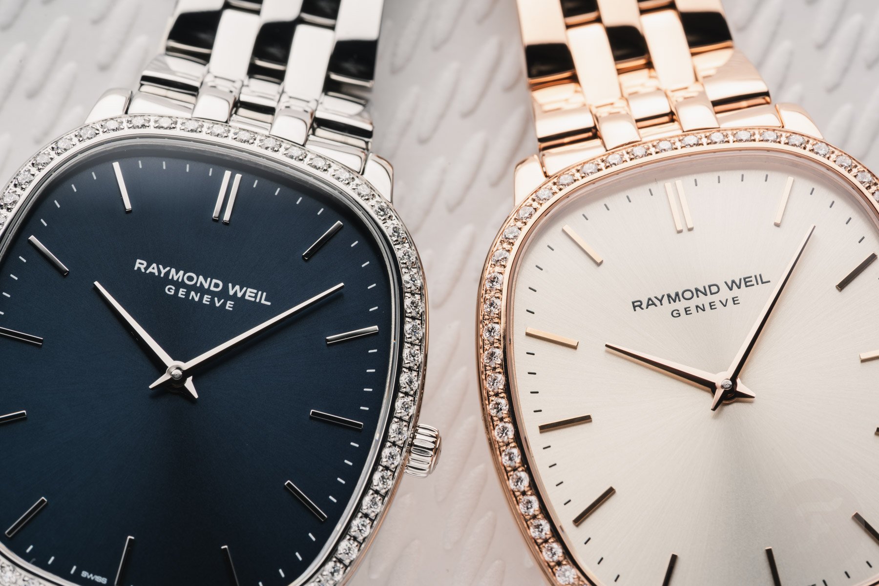 Raymond Weil Toccata Heritage models with bracelets up close