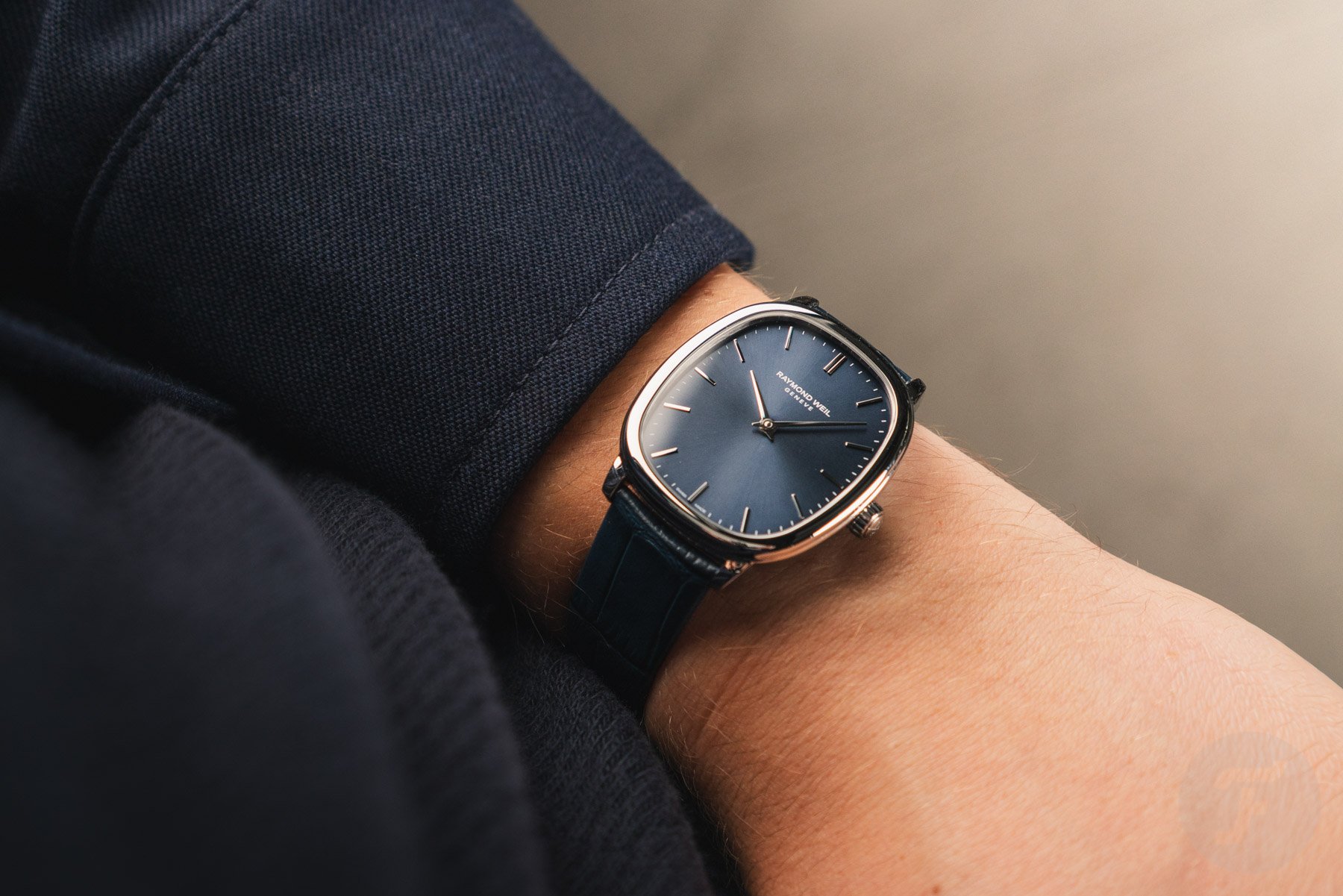 blue-dial Raymond Weil Toccata Heritage wrist shot