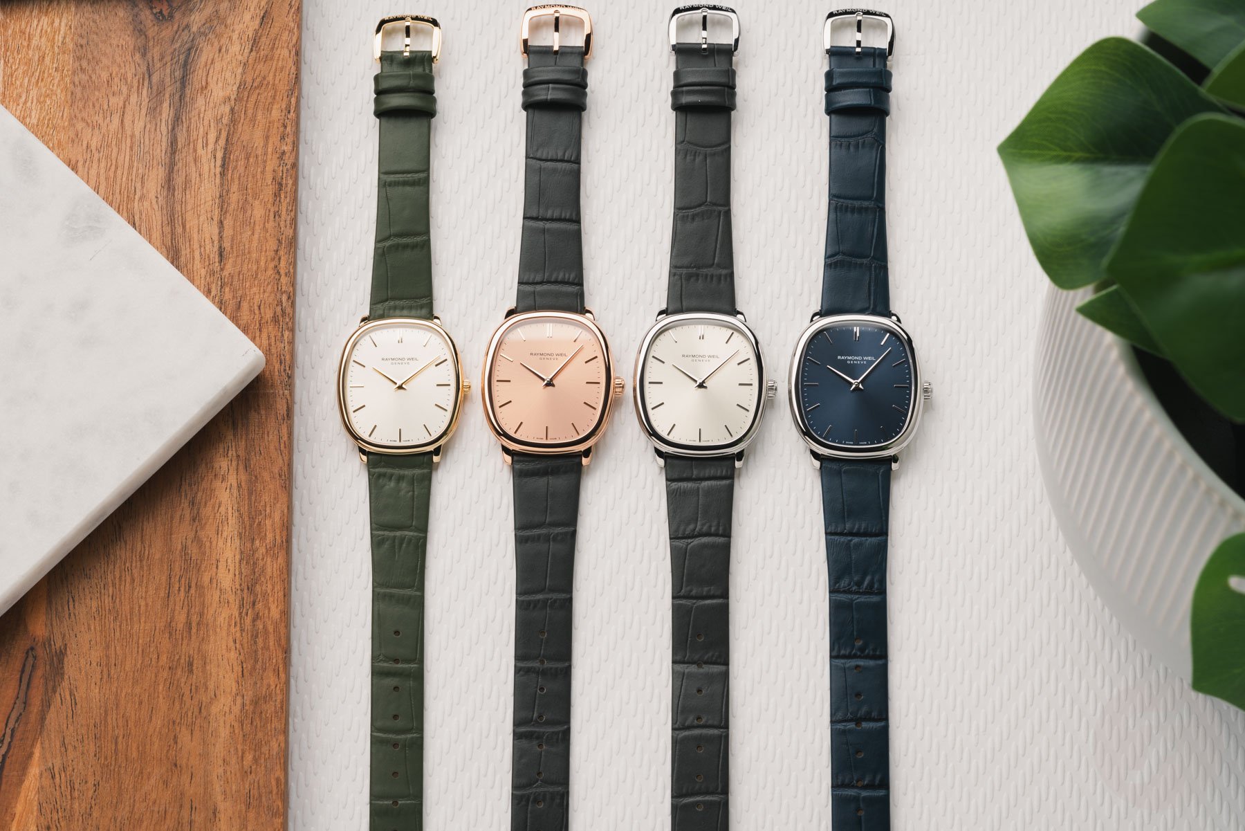 Raymond Weil Toccata Heritage models on leather straps, flat-lay