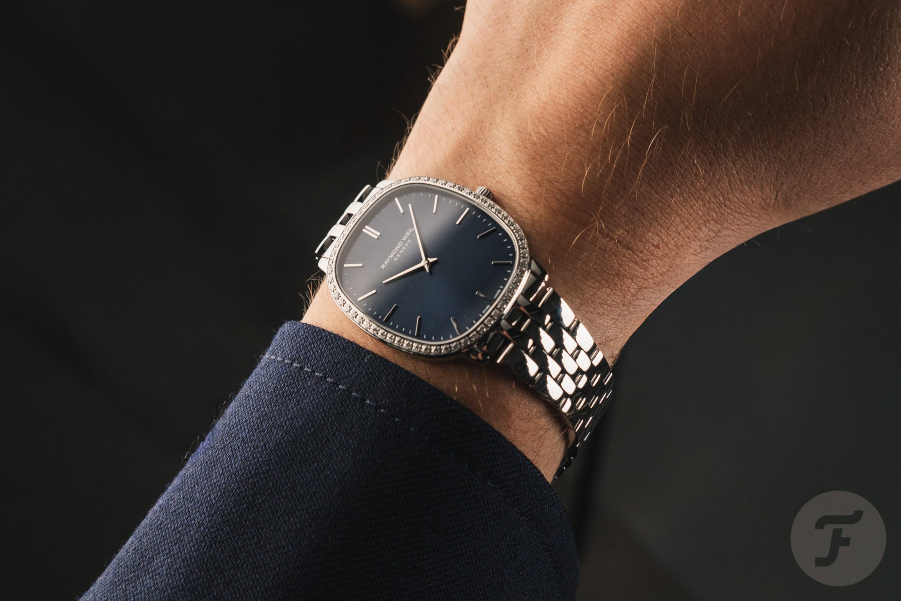 blue-dial Raymond Weil Toccata Heritage with bracelet, wrist shot