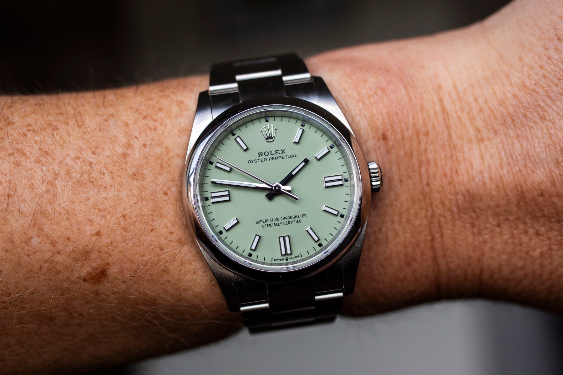 Rolex Oyster Perpetual 36 "Pistachio" wrist shot