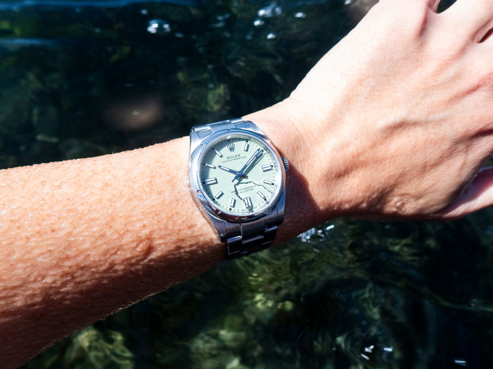 Rolex Oyster Perpetual 36 "Pistachio" wrist shot above water