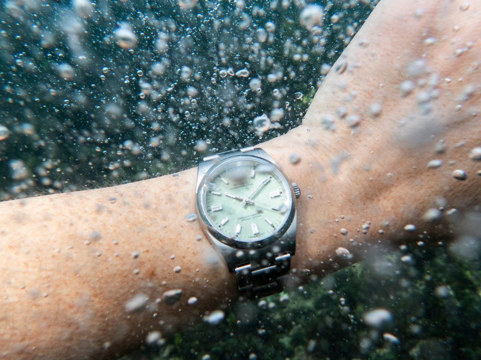 Rolex Oyster Perpetual 36 "Pistachio" wrist shot underwater