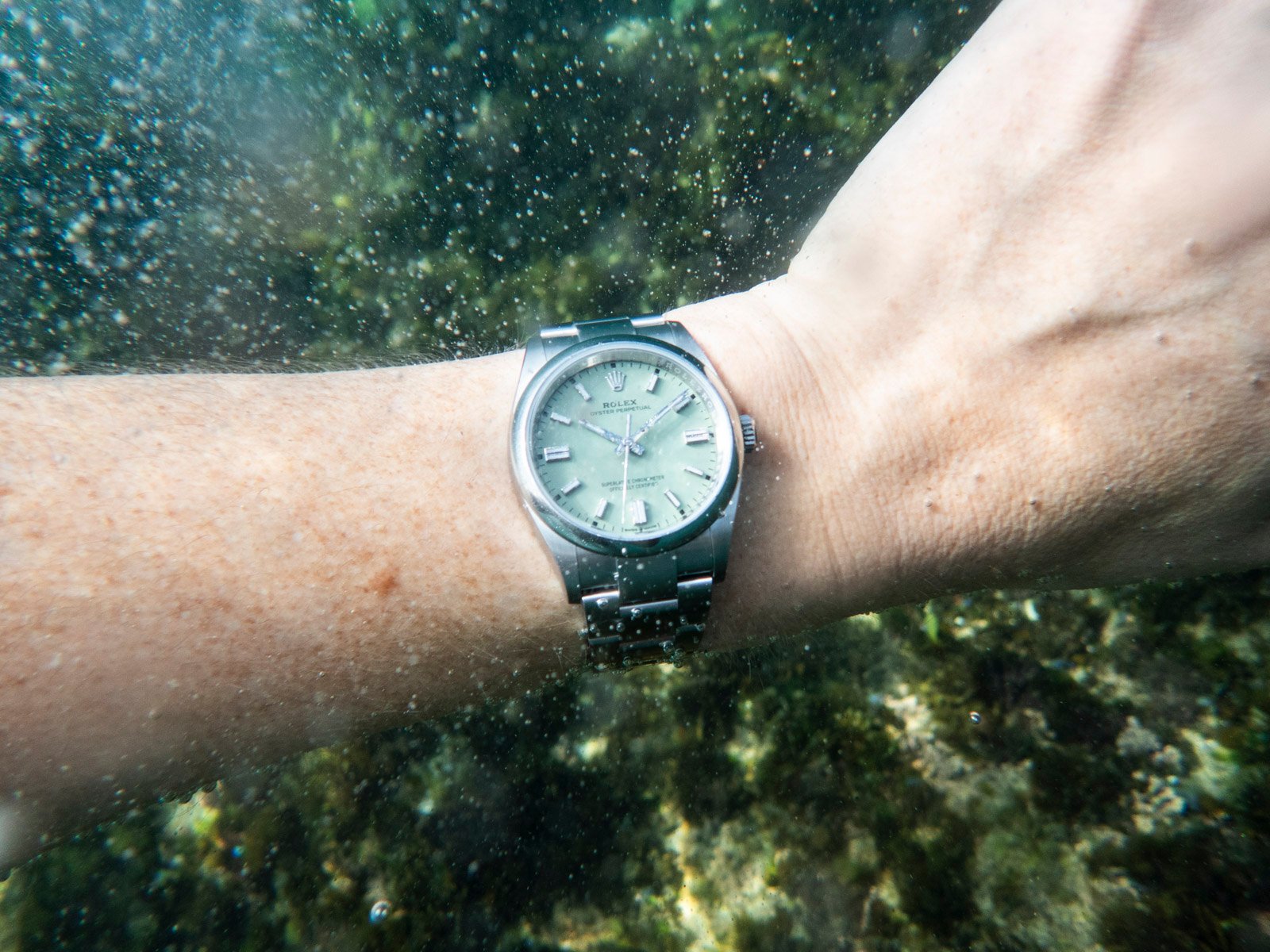 Rolex Oyster Perpetual 36 "Pistachio" wrist shot underwater