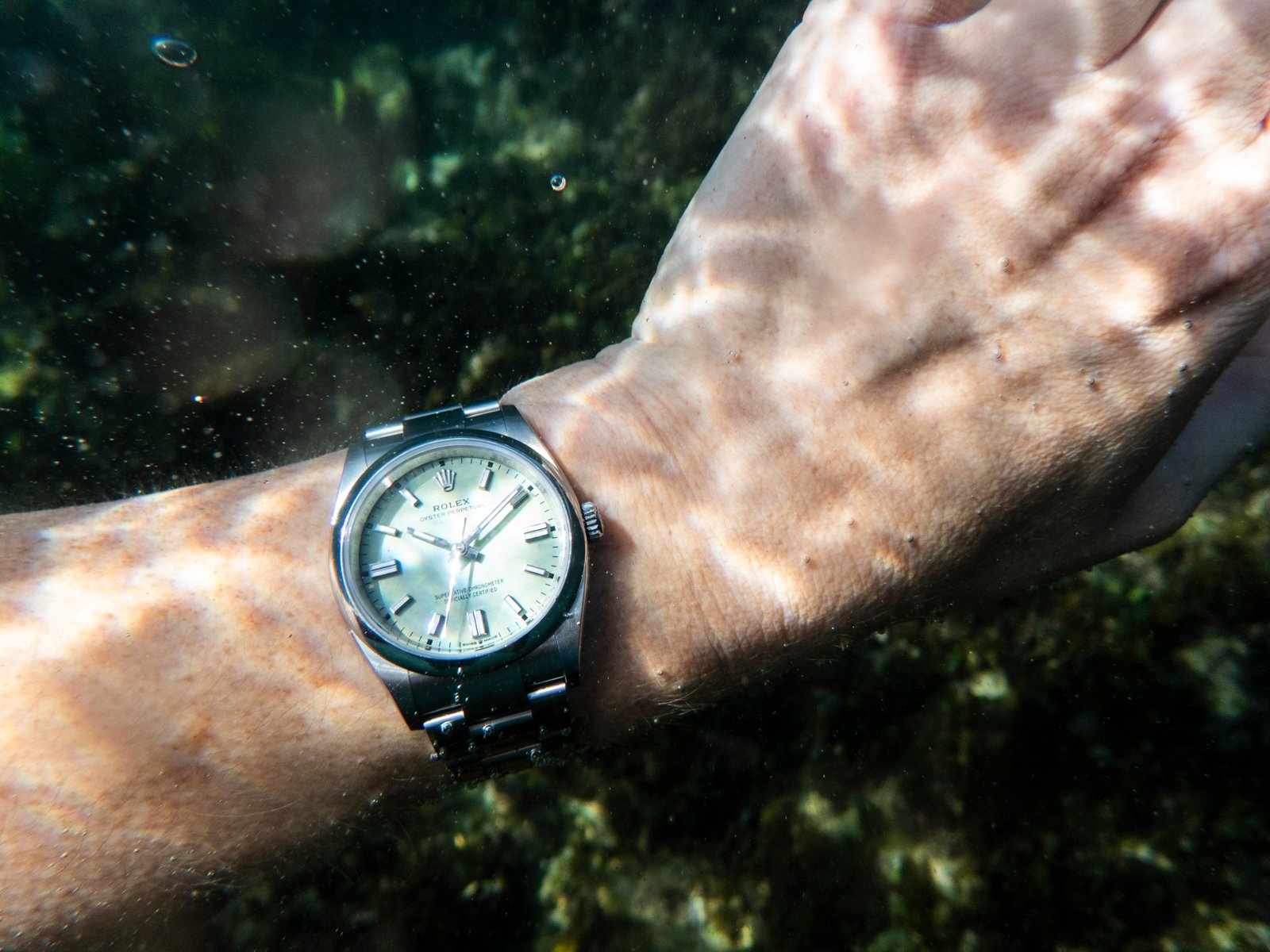 Rolex Oyster Perpetual 36 "Pistachio" wrist shot underwater