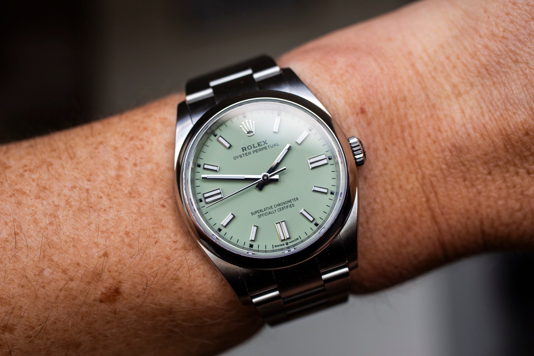 Rolex Oyster Perpetual 36 "Pistachio" wrist shot