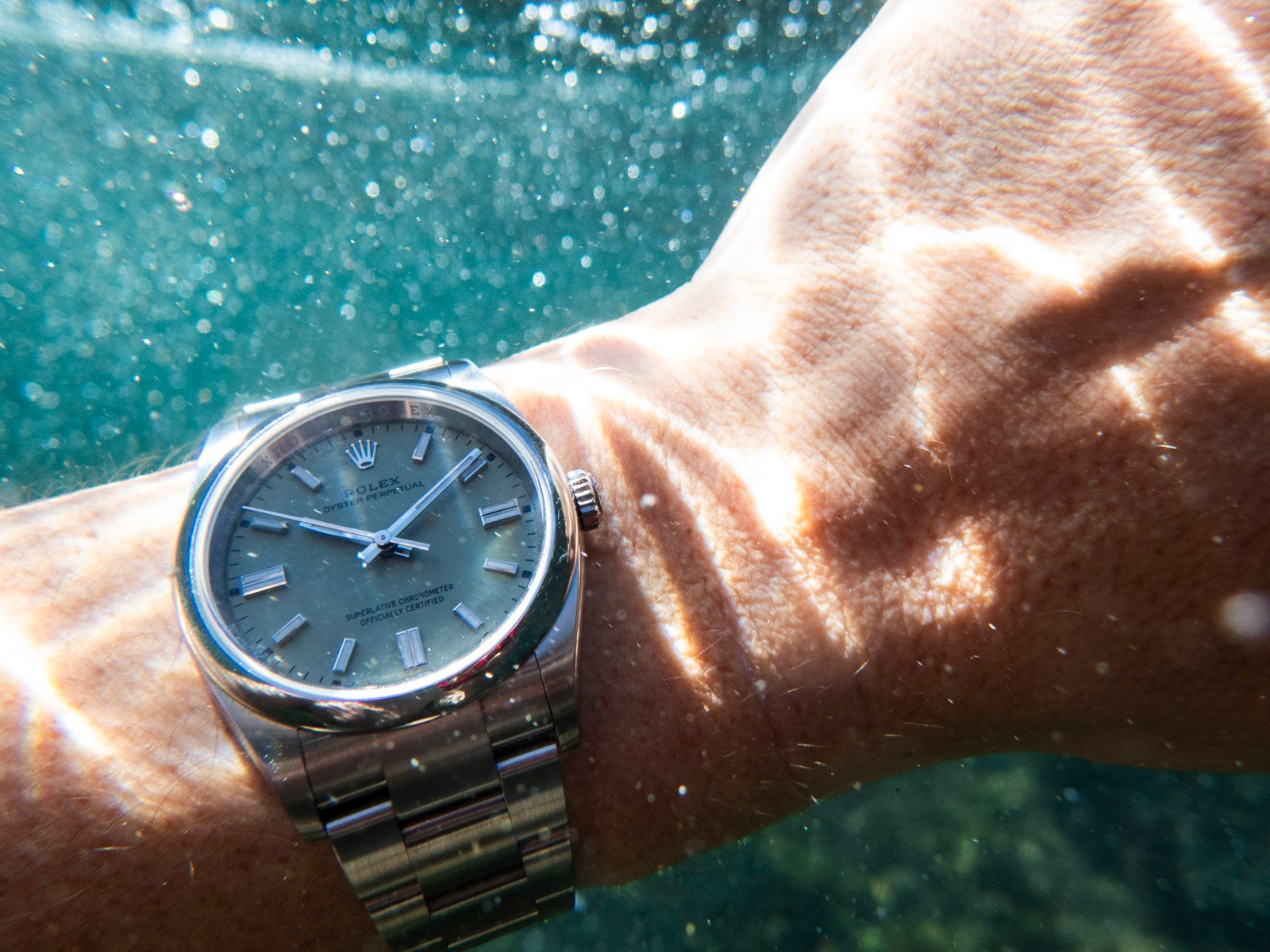 Rolex Oyster Perpetual 36 "Pistachio" on wrist underwater