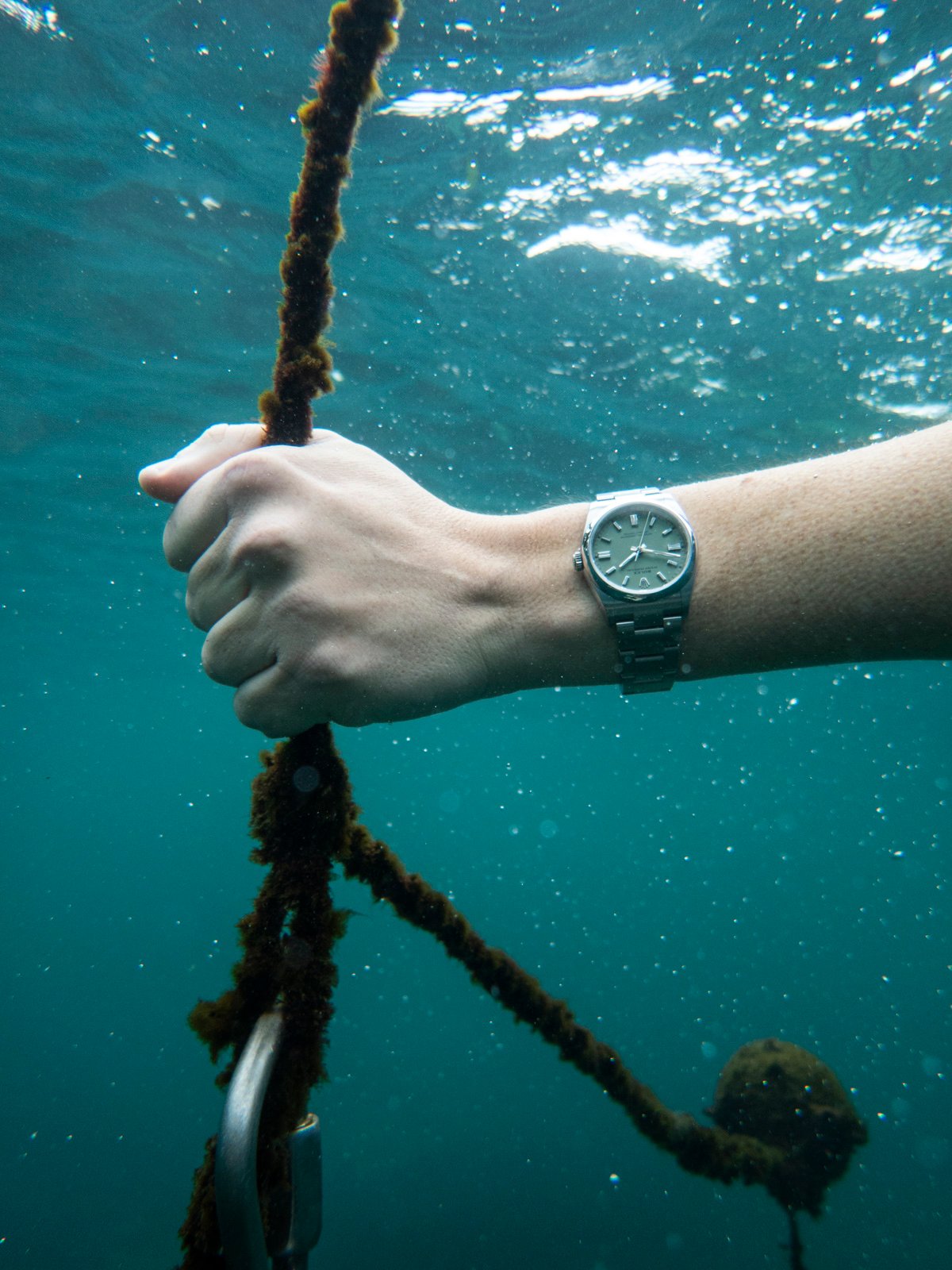 Rolex Oyster Perpetual 36 "Pistachio" on wrist underwater