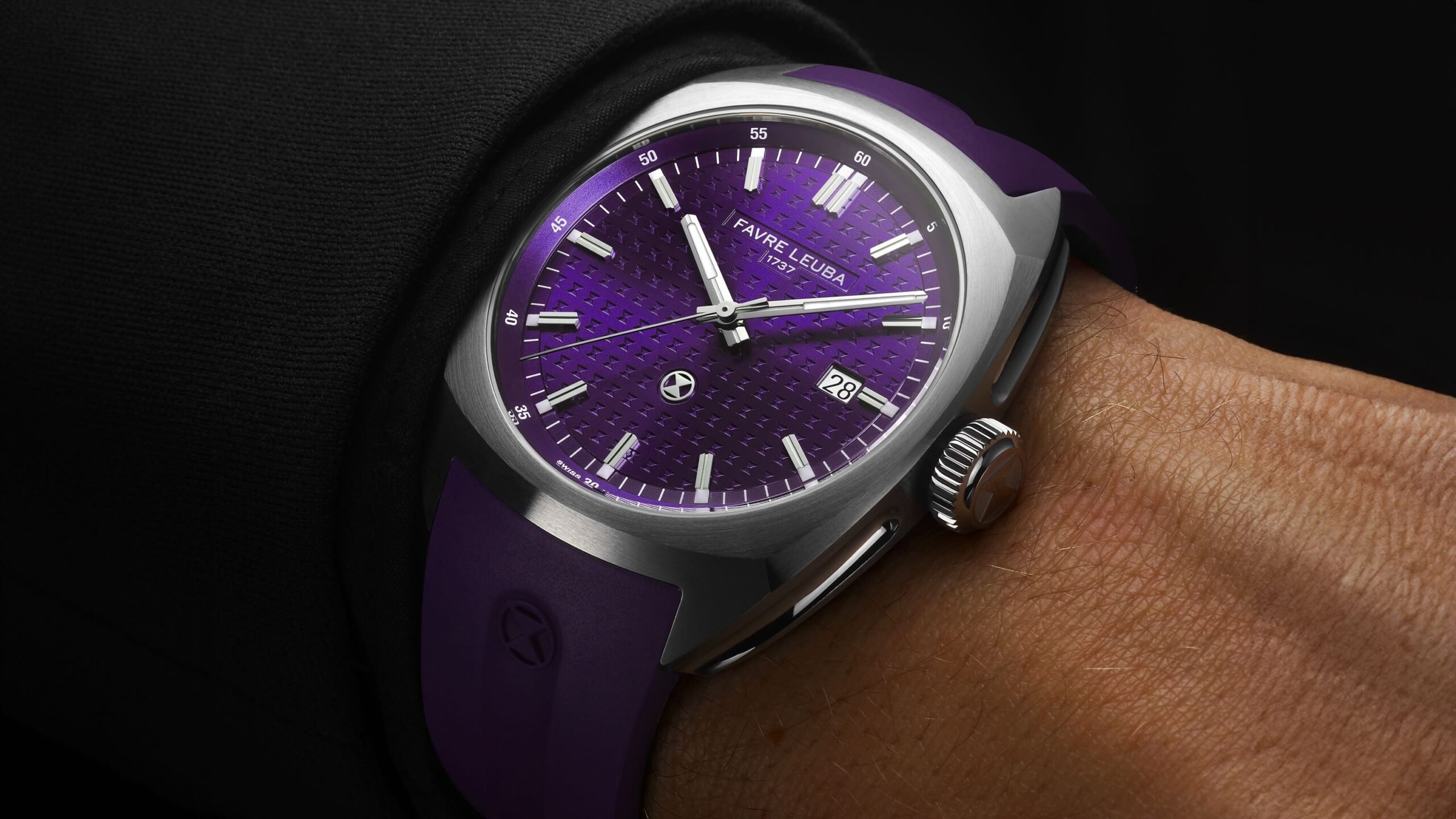 purple-dial Favre Leuba Chief Date on wrist