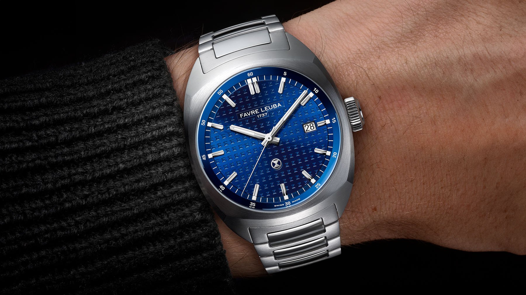 blue-dial Favre Leuba Chief Date wrist shot