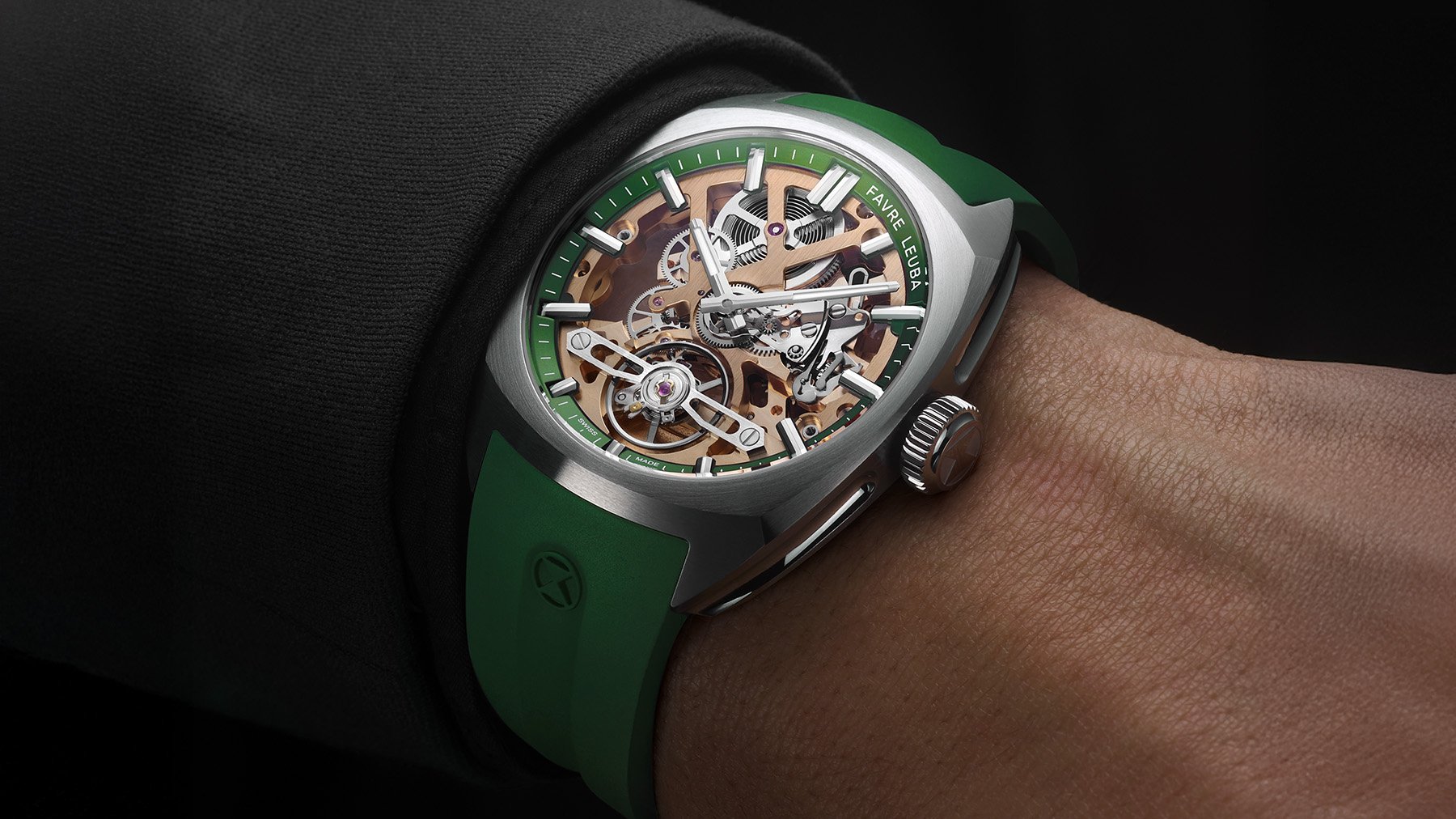 steel and green Favre Leuba Chief Skeleton on wrist