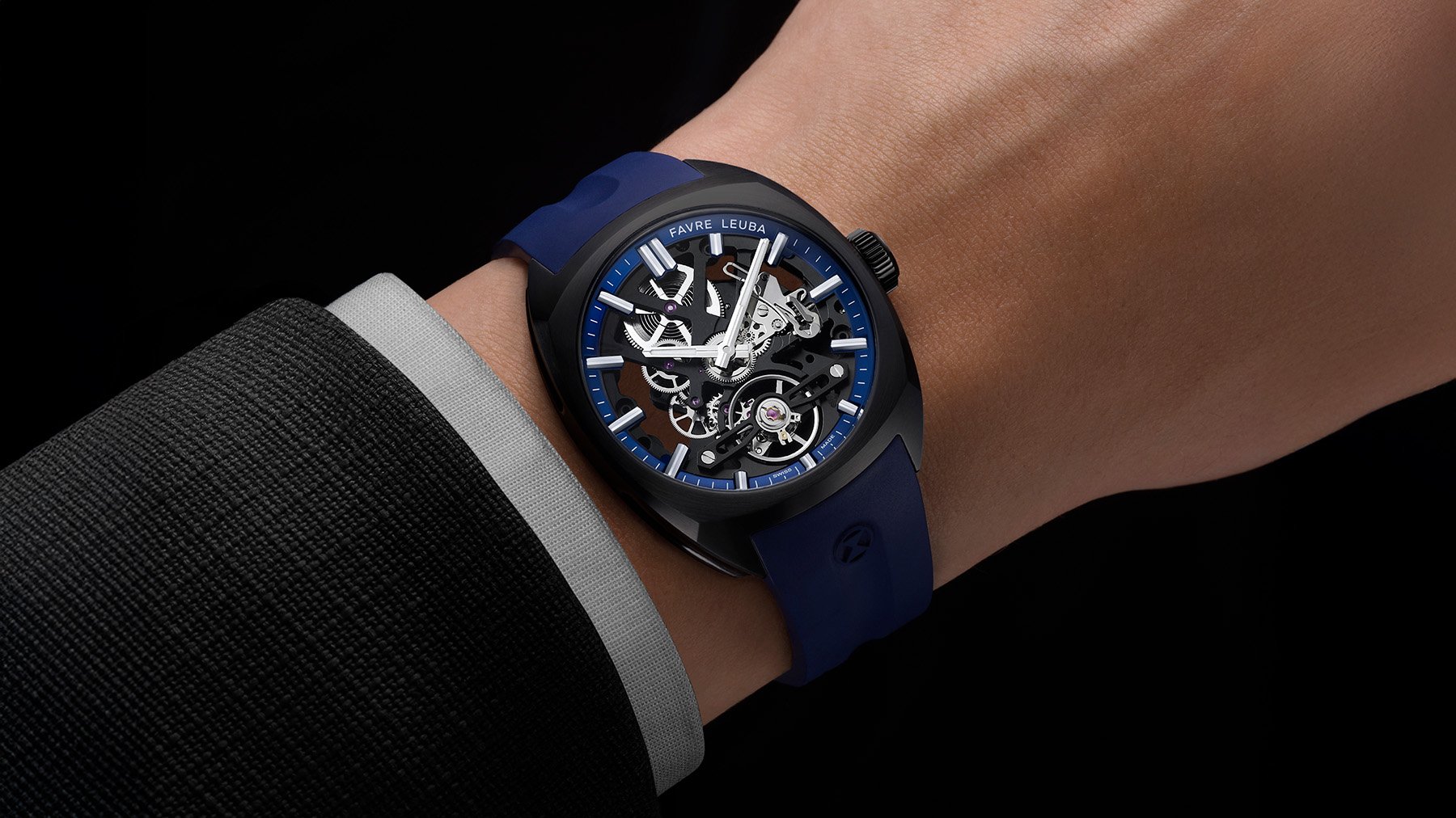 black and blue Favre Leuba Chief Skeleton on wrist