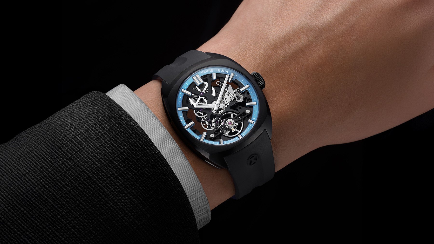 black and ice-blue Favre Leuba Chief Skeleton wrist shot